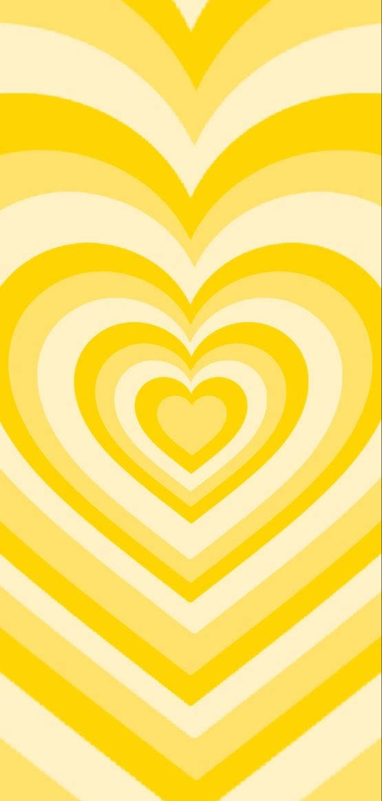 Cute Yellow Aesthetic 桌布 壁紙 — 鮮黃色的心形以同心圓層向外輻射，營造出復古迷幻圖案。