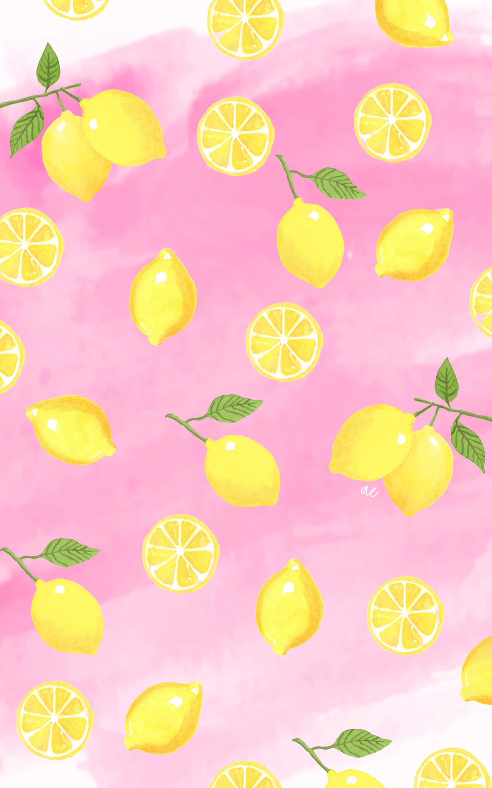 Lemon iPhone 桌布 壁紙 — 鮮黃色的檸檬和檸檬片在柔和的粉紅色水彩背景上俏皮地漂浮。