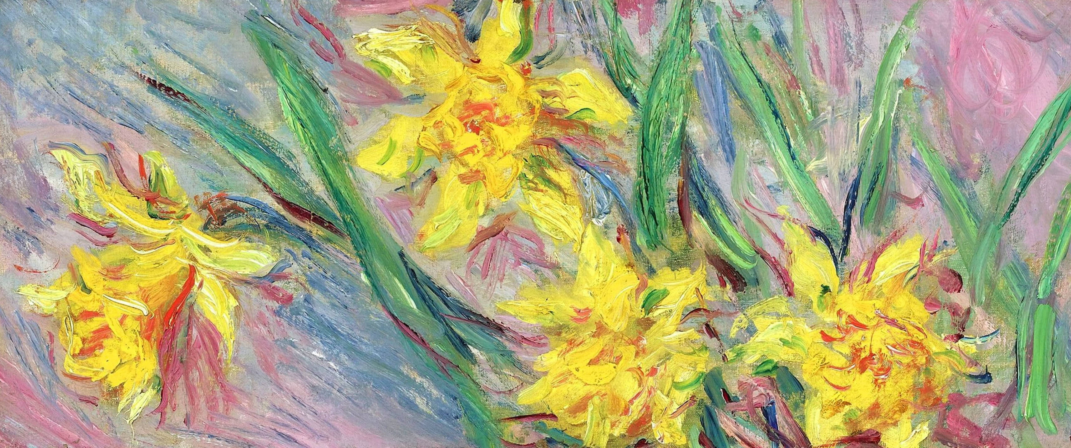 Monet 桌布 壁紙 — 鮮黃色的水仙花在綠色莖幹和柔和粉藍色筆觸中綻放，形成一幅富有表現力的油畫。