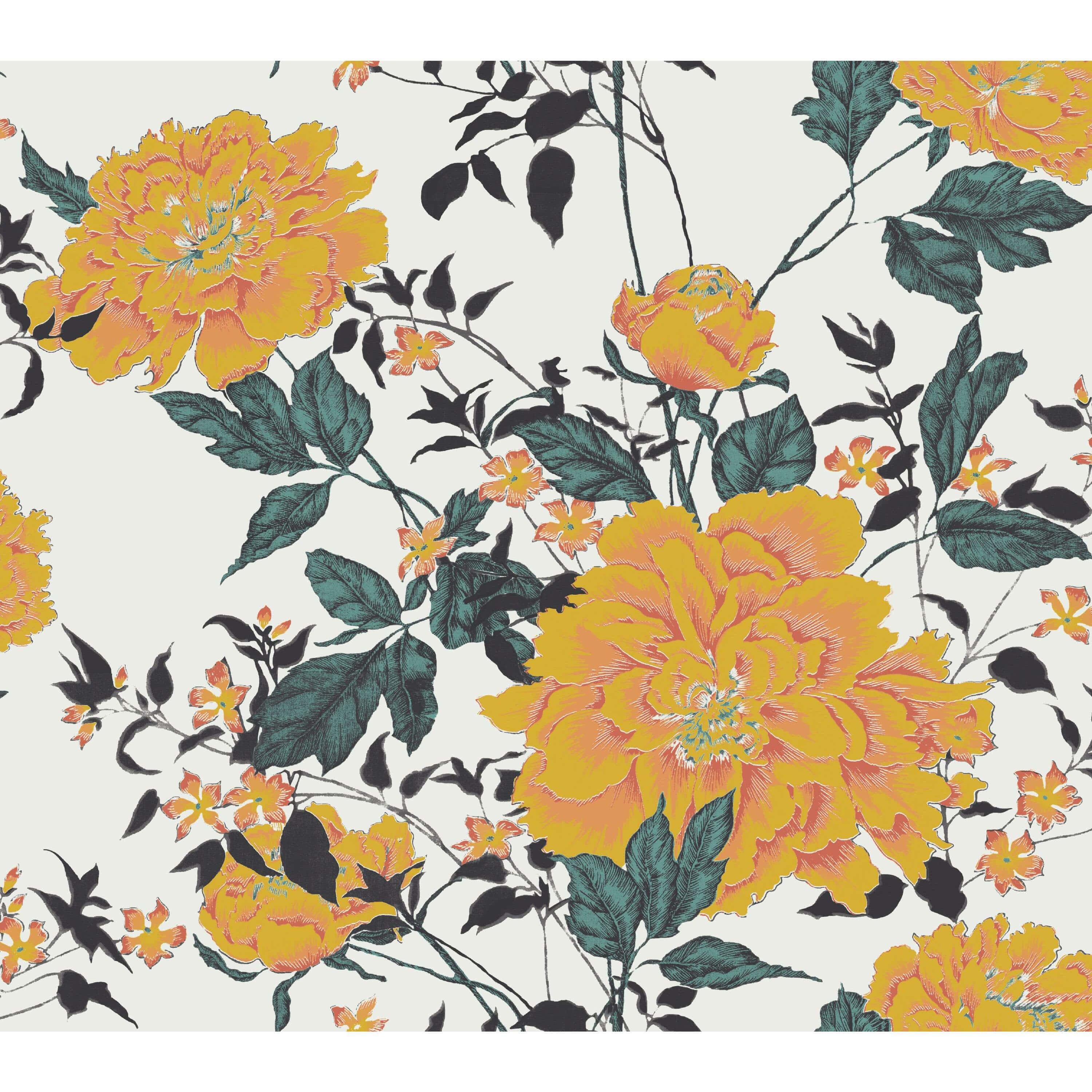 Vintage Floral 桌布 壁紙 — 鮮黃色的牡丹和深綠色的葉子在柔和的奶油色背景上綻放，形成大膽的植物圖案。