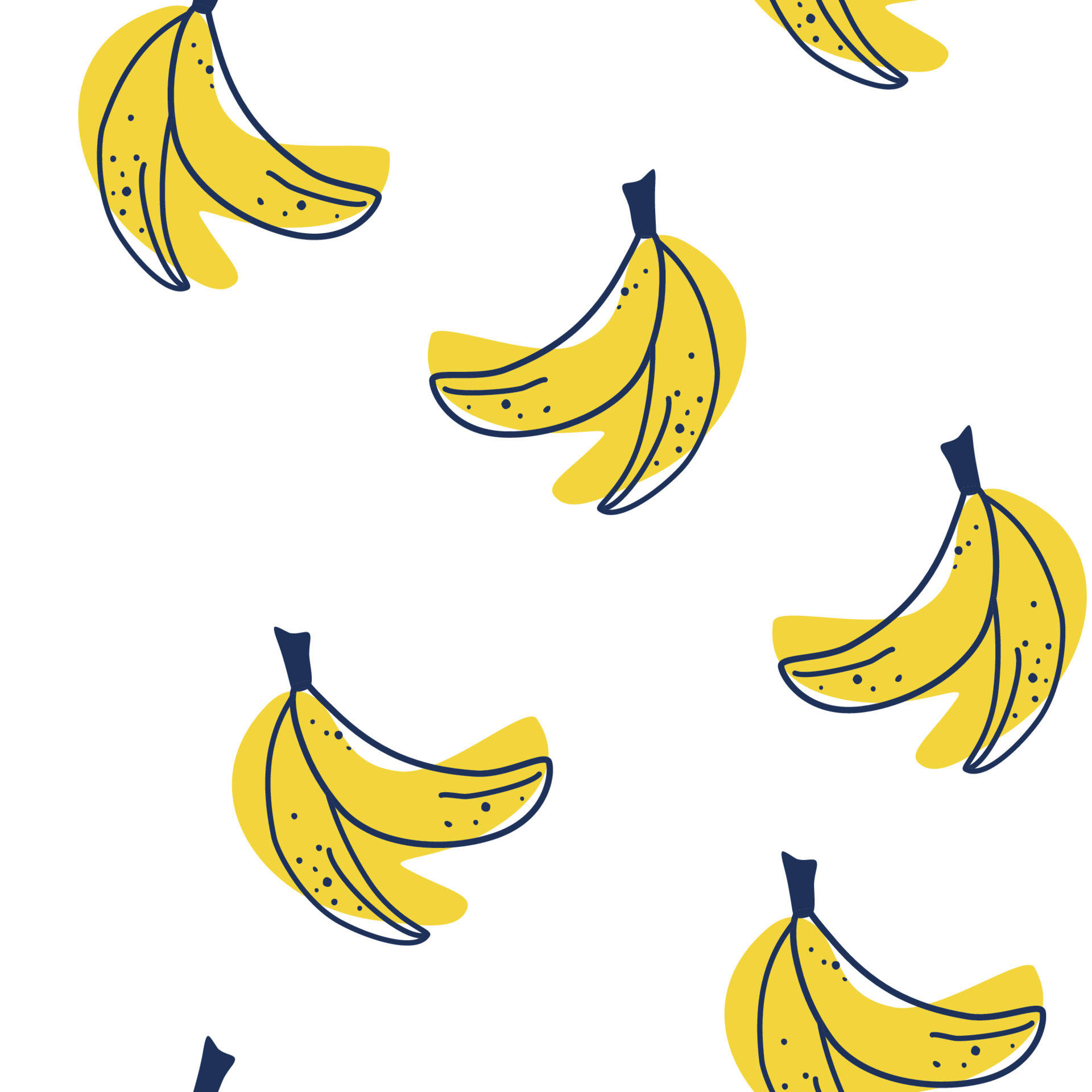 Plantain 桌布 壁紙 — 鮮黃色的香蕉帶有深色輪廓，在潔白的背景上以俏皮的散落圖案漂浮。