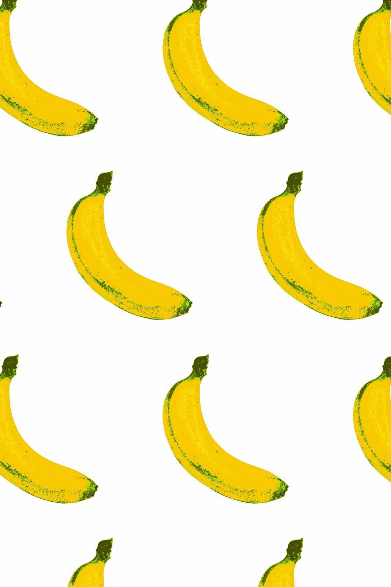 Plantain 桌布 壁紙 — 鮮黃色的香蕉配上綠色莖部，在潔白背景上以俏皮圖案重複出現。