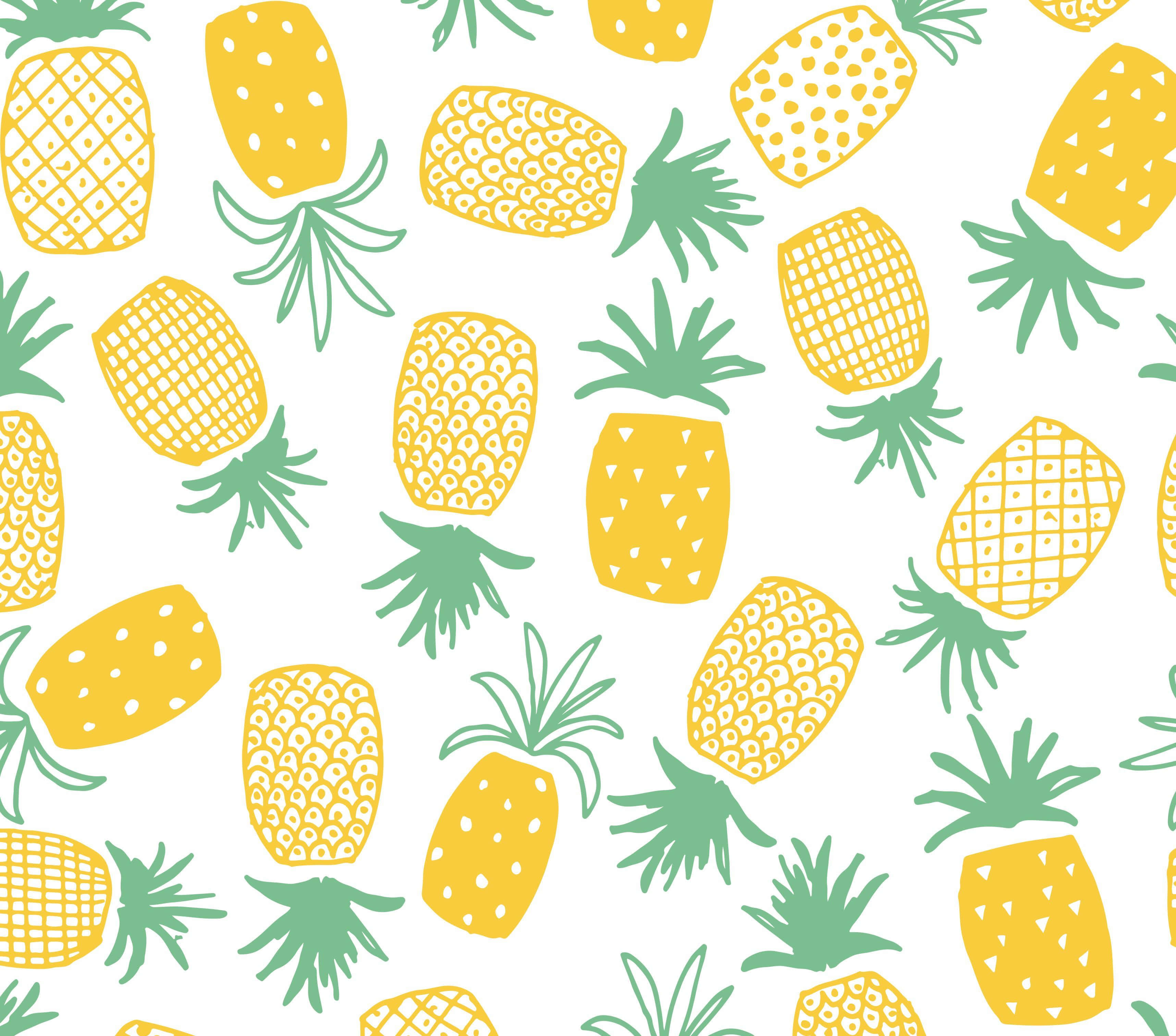 Pattern Desktop 桌布 壁紙 — 鮮黃色的鳳梨配上綠色皇冠，在潔白背景上以俏皮圖案重複出現。