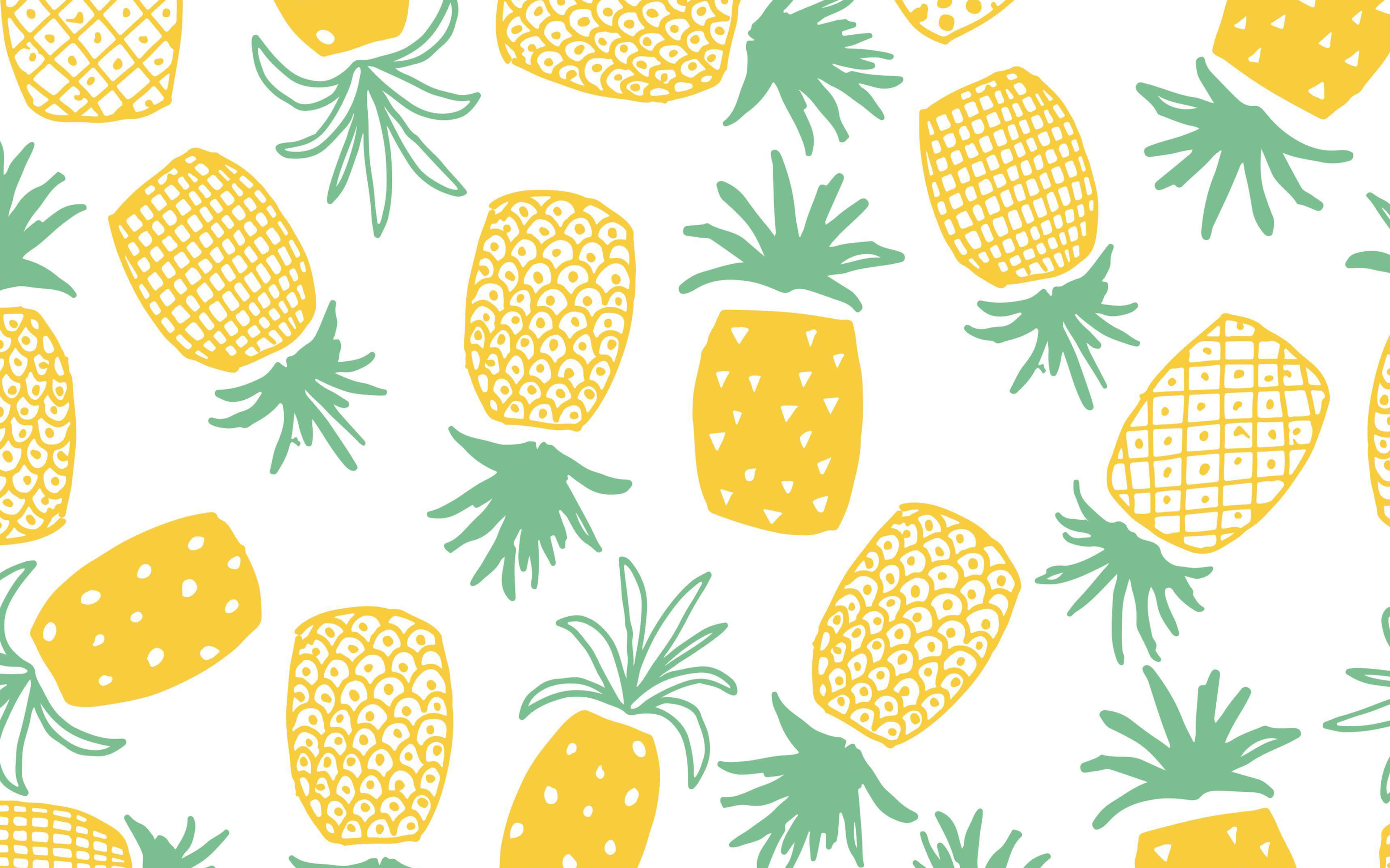 Pineapple Desktop 桌布 壁紙 — 鮮黃色的鳳梨配上綠色皇冠，在潔白的背景上以俏皮圖案重複出現。