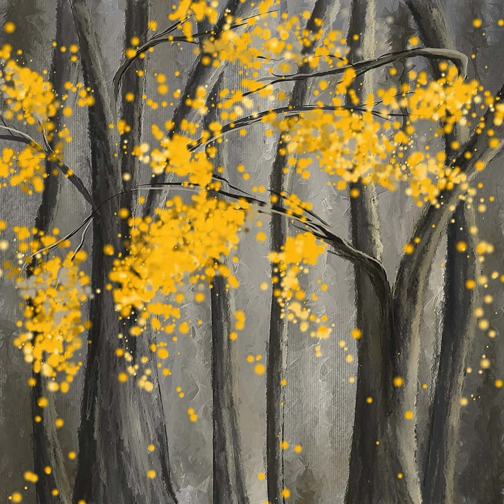 Yellow Art 桌布 壁紙 — 鮮黃色的點點從深色樹幹中爆出，襯托著有紋理的灰色背景，是一幅大膽的抽象畫。