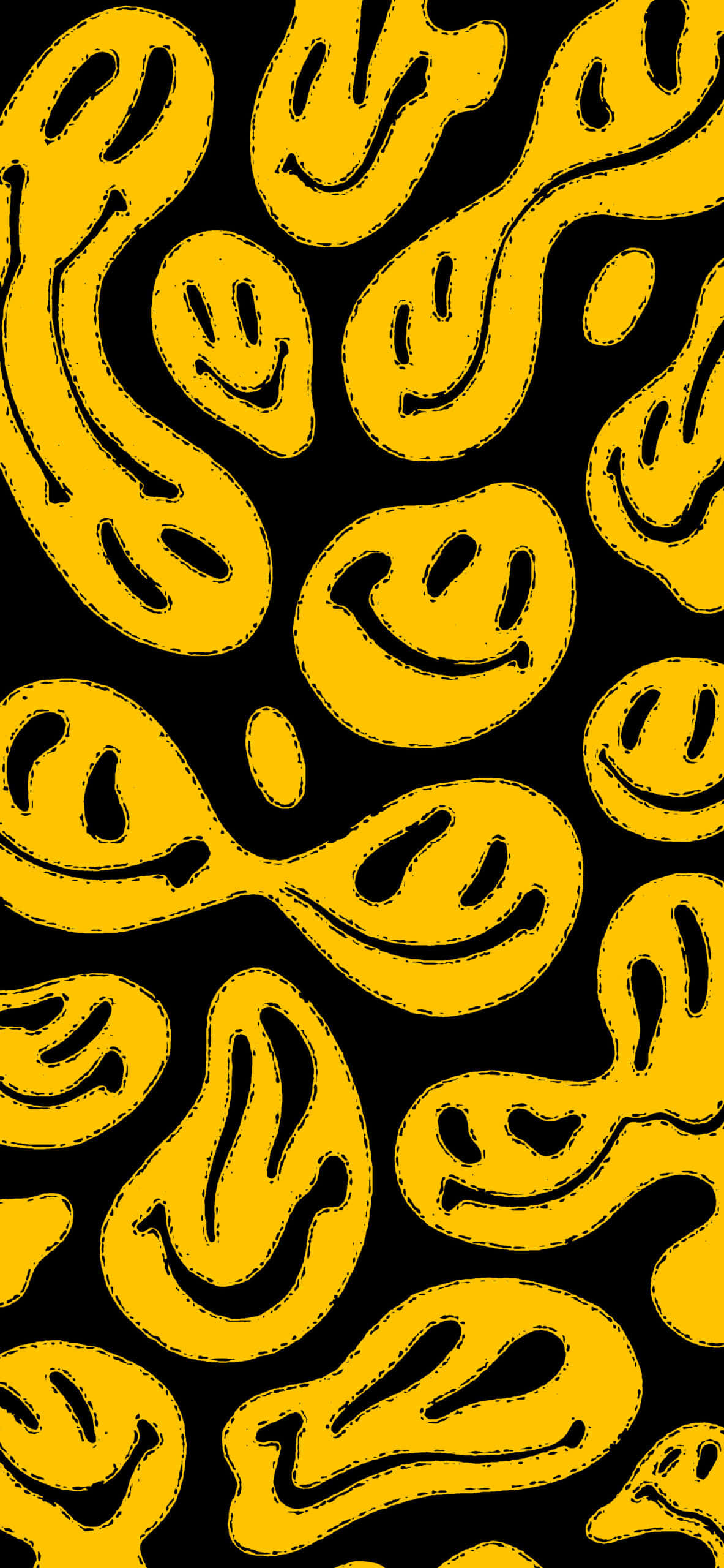 Aesthetic Yellow 桌布 壁紙 — 鮮黃色笑臉帶有縫線輪廓，在純黑背景上以俏皮的重複圖案漂浮。