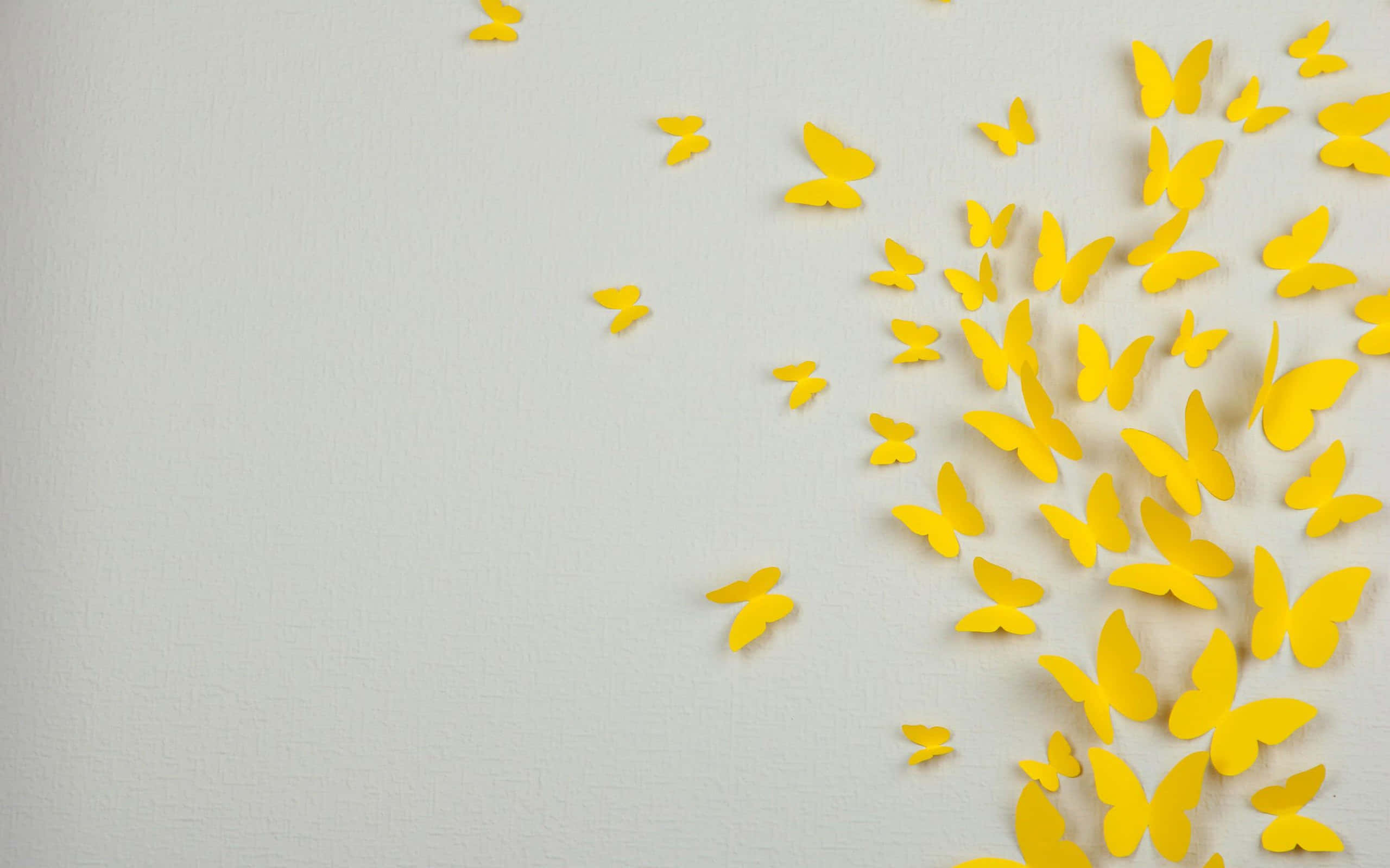 Gray And Yellow 桌布 壁紙 — 鮮黃色紙蝴蝶對角漂浮在帶有紋理的米白色牆壁上，營造出歡快的裝飾圖案。