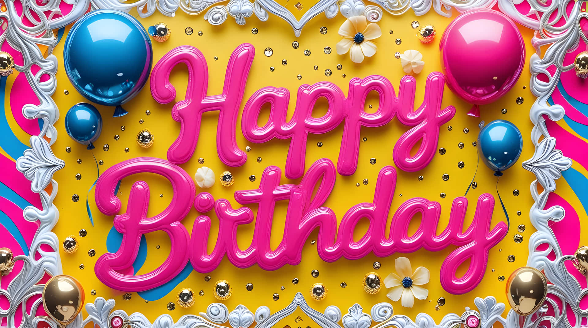 Beautiful happy birthday wallpaper 壁紙 — 鮮黃色背景，帶有光澤粉紅色3D文字「Happy Birthday」，周圍環繞著藍色和粉紅色氣球、金色珠子和華麗的銀色邊框。