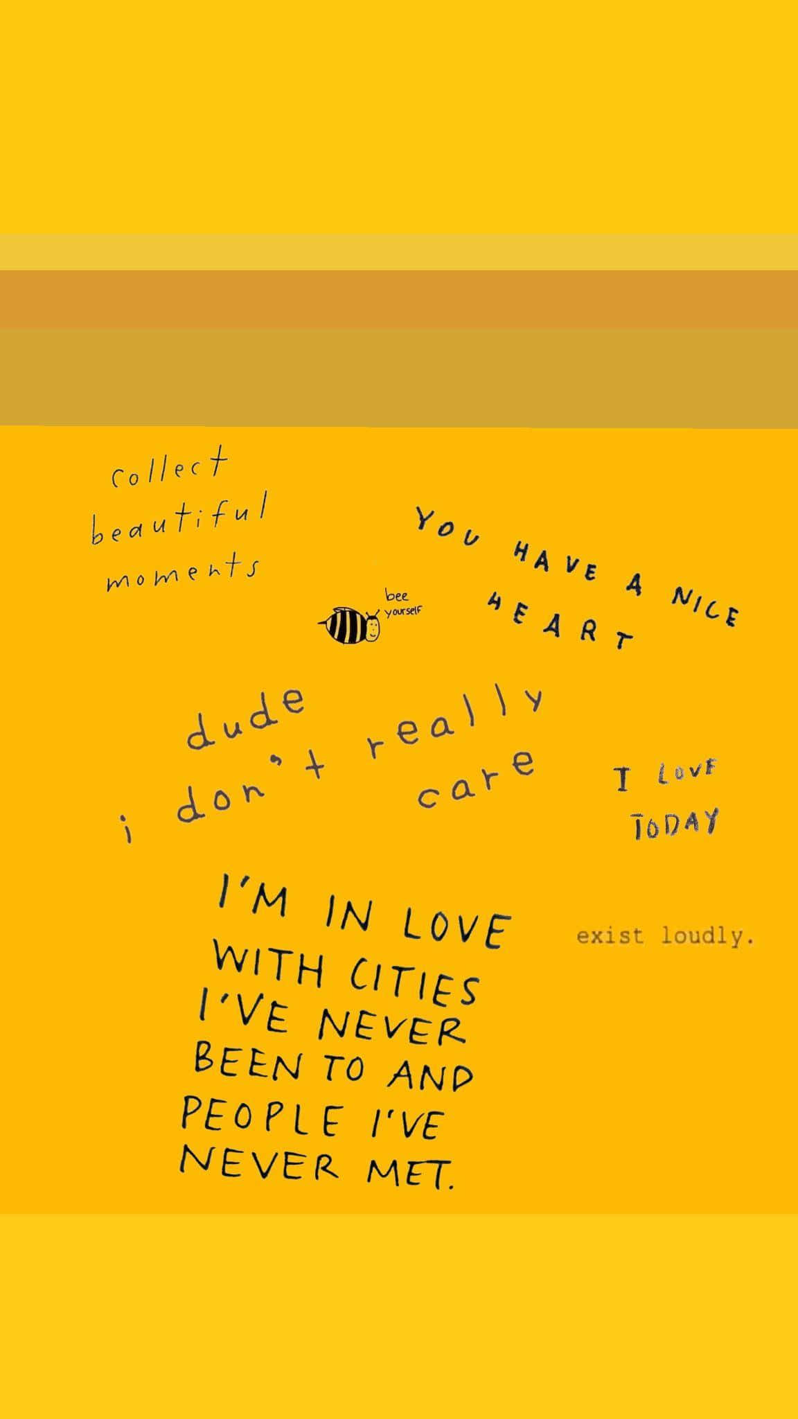 Yellow Phone 桌布 壁紙 — 鮮黃色背景，散落著手寫短語和一個小蜜蜂插圖。