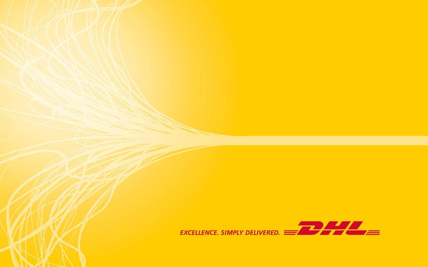 Dhl 桌布 壁紙 — 鮮黃色背景，白色抽象線條從左向右流動，展示DHL標誌和標語。