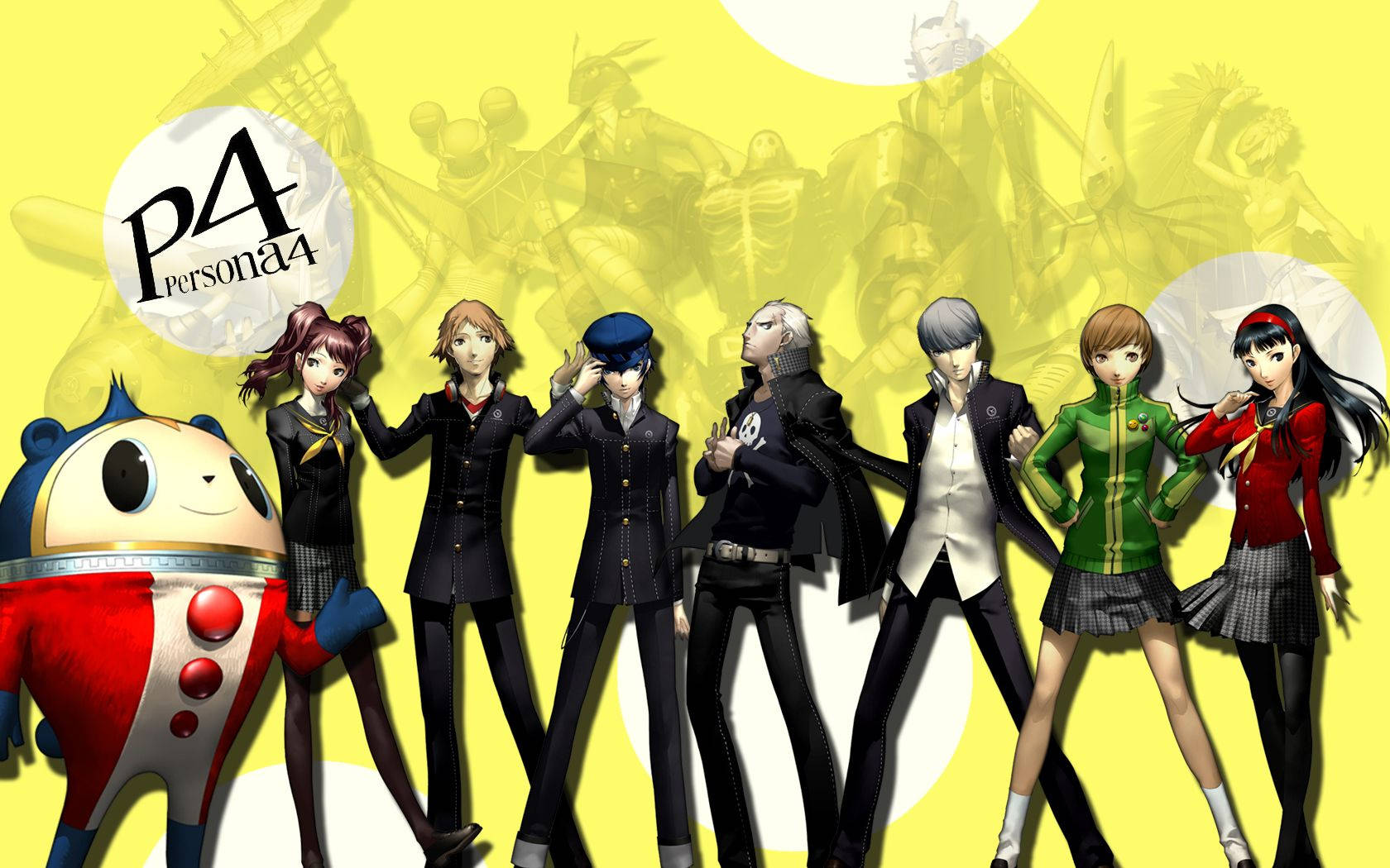 Persona 4 桌布 壁紙 — 鮮黃色背景上，Persona 4 角色穿著校服與吉祥物擺姿勢，周圍環繞著幽靈般的剪影。