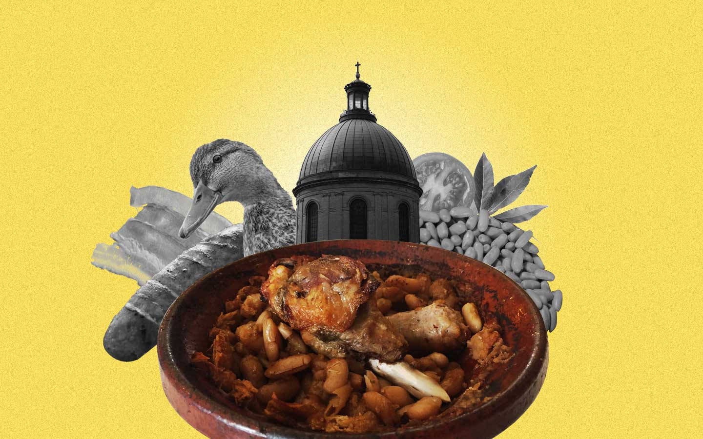 Food Photography 桌布 壁紙 — 鮮黃色背景上，以單色拼貼呈現一碗豆燉菜，內有鴨、香腸和圓頂教堂。