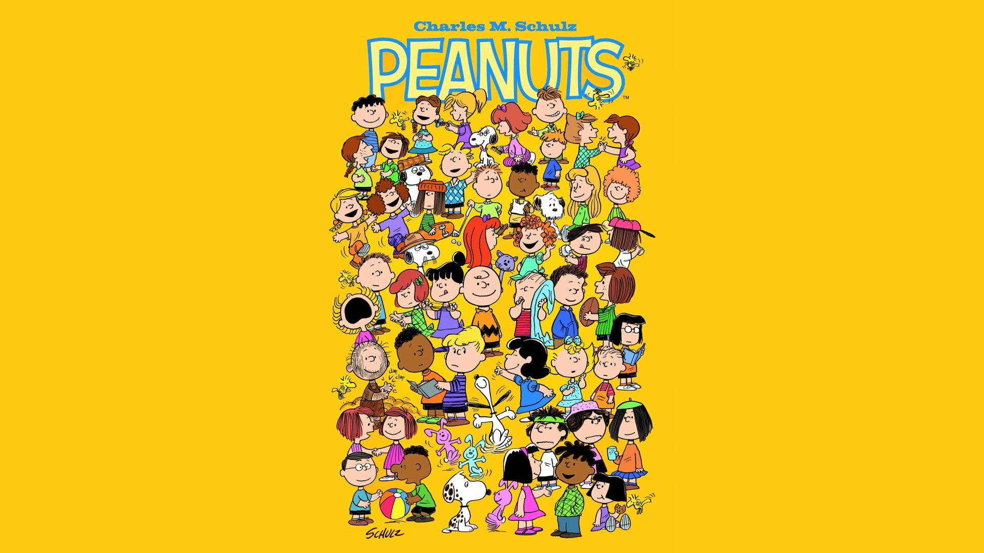 Peanuts 桌布 壁紙 — 鮮黃色背景上，以經典花生漫畫角色標誌性卡通風格呈現的高垂直拼貼畫。