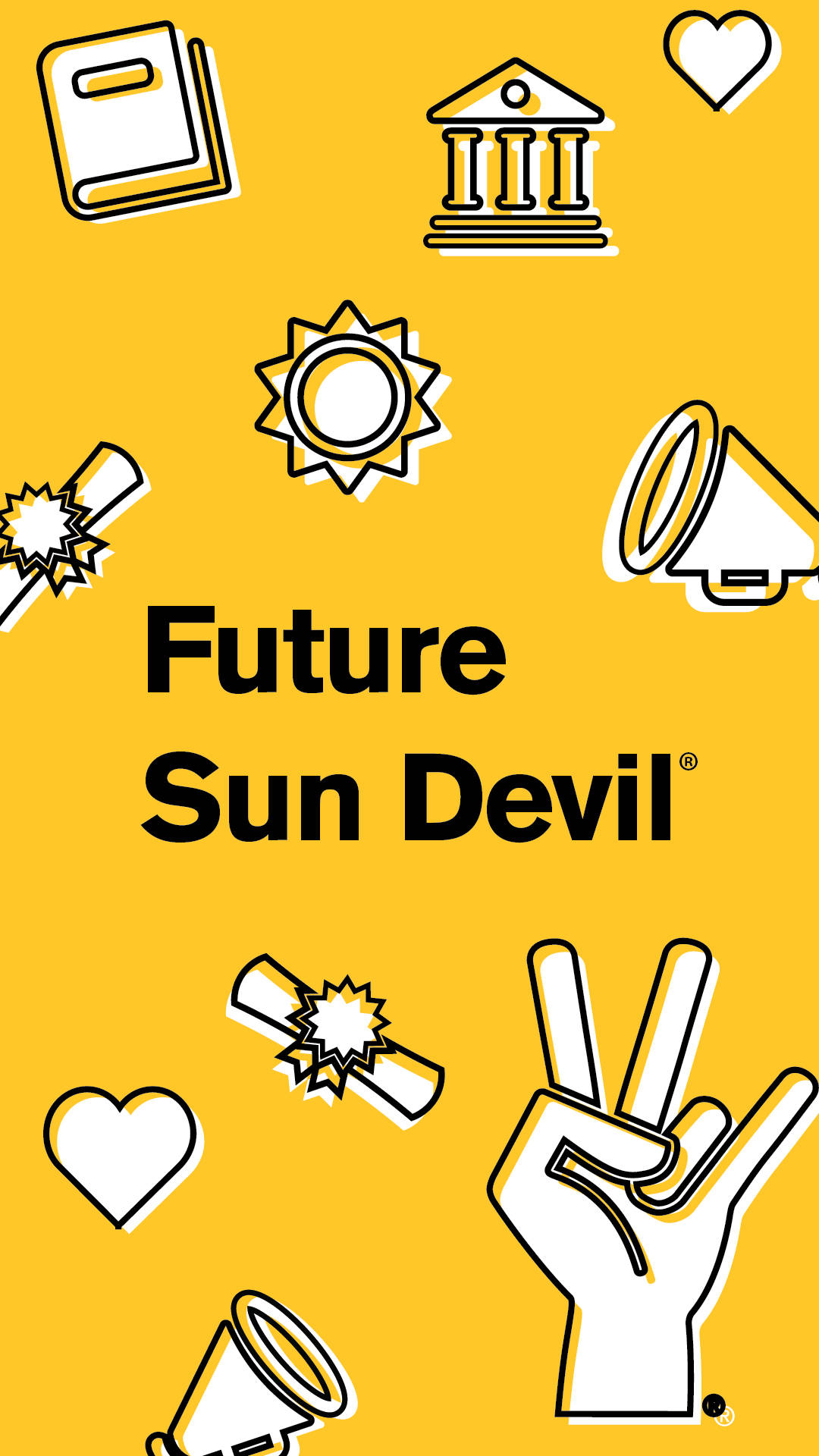  壁紙 — 鮮黃色背景上，粗體黑色文字寫著 Future Sun Devil，周圍環繞著白色輪廓圖示。