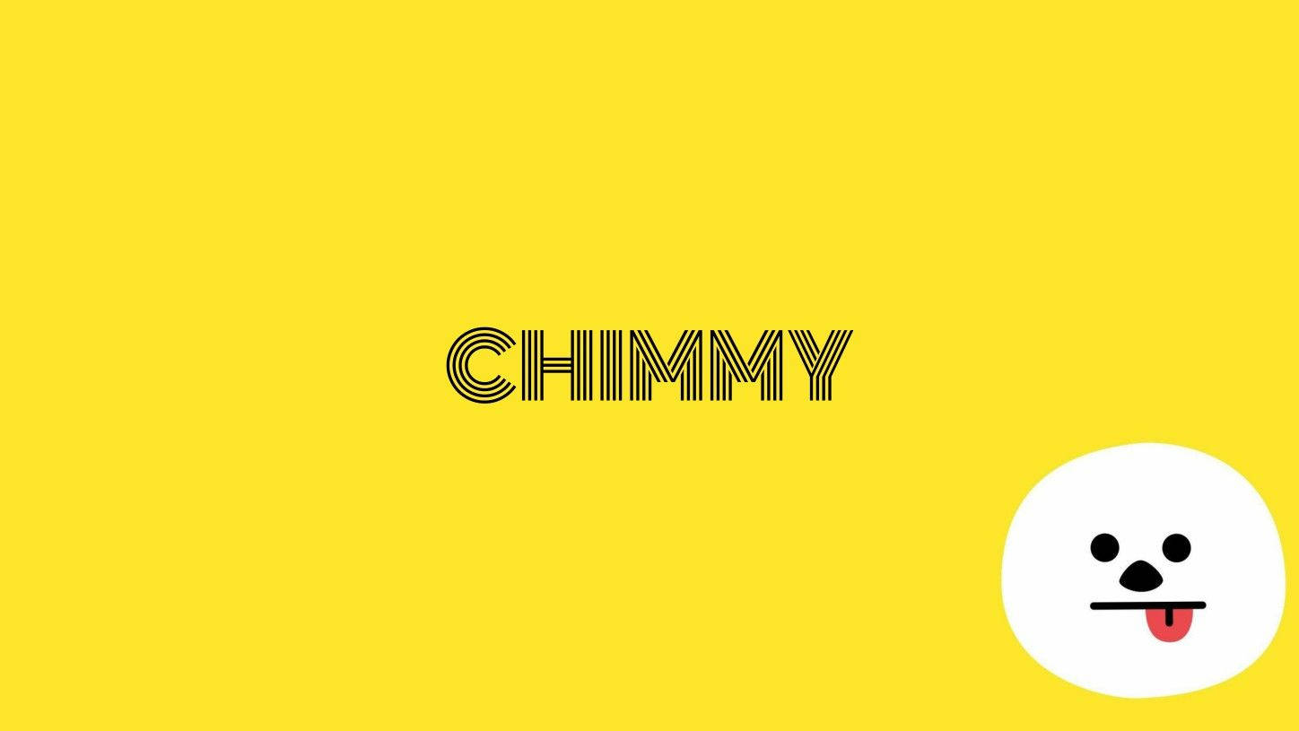 Chimmy 桌布 壁紙 — 鮮黃色背景上以粗體黑色條紋字體顯示CHIMMY一字，右下角有一個白色圓形卡通狗臉伸出舌頭。