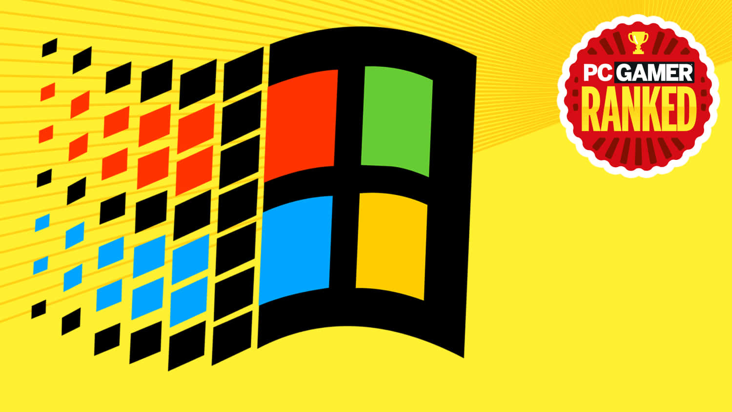 Windows 桌布 壁紙 — 鮮黃色背景上展示了一個風格化的Windows標誌，帶有像素化運動效果和PC Gamer Ranked徽章。