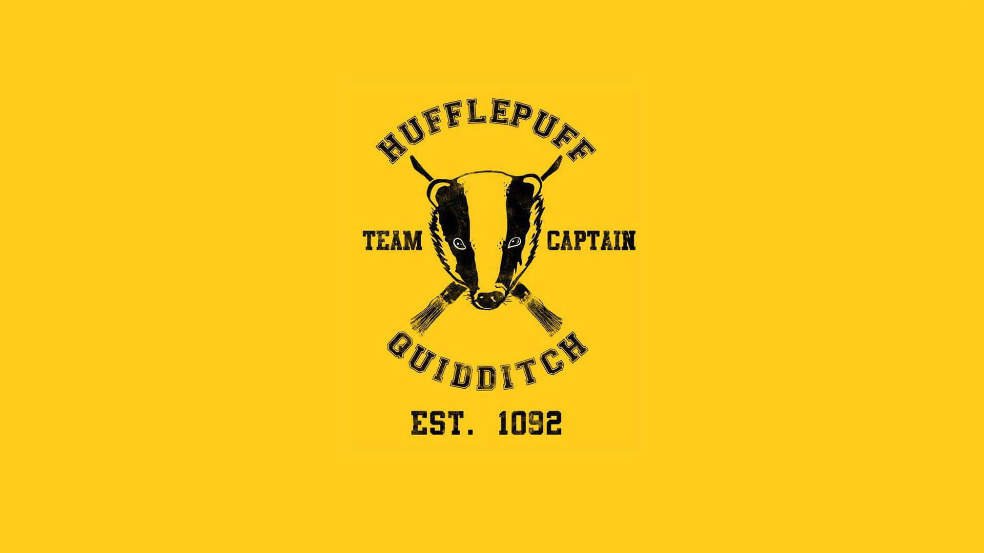 The Hogwarts Quidditch Team 桌布 壁紙 — 鮮黃色背景上帶有獾吉祥物和交叉掃帚的大膽黑色赫夫帕夫魁地奇球隊標誌。