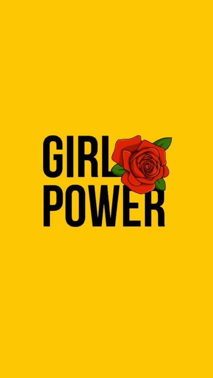 激勵 桌布 壁紙 — 鮮黃色背景上帶有紅色玫瑰圖案的粗體黑色「GIRL POWER」文字。