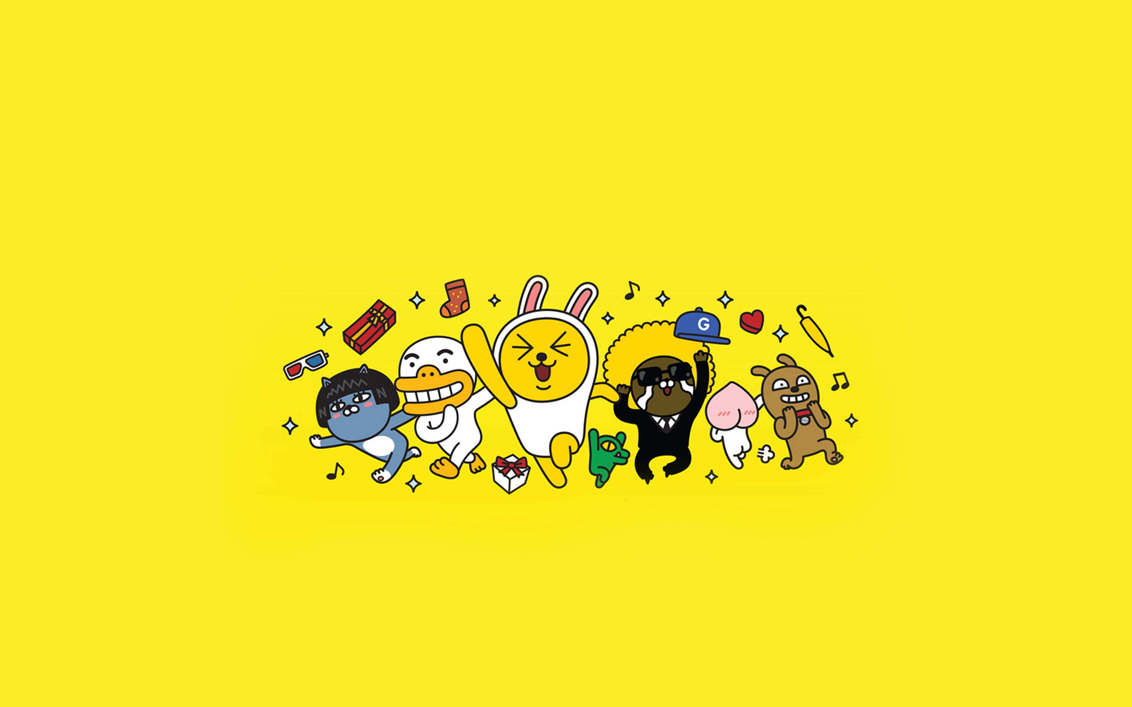 Kakao 桌布 壁紙 — 鮮黃色背景上有一排快樂的卡通人物，帶著節日物品和音符跳舞。