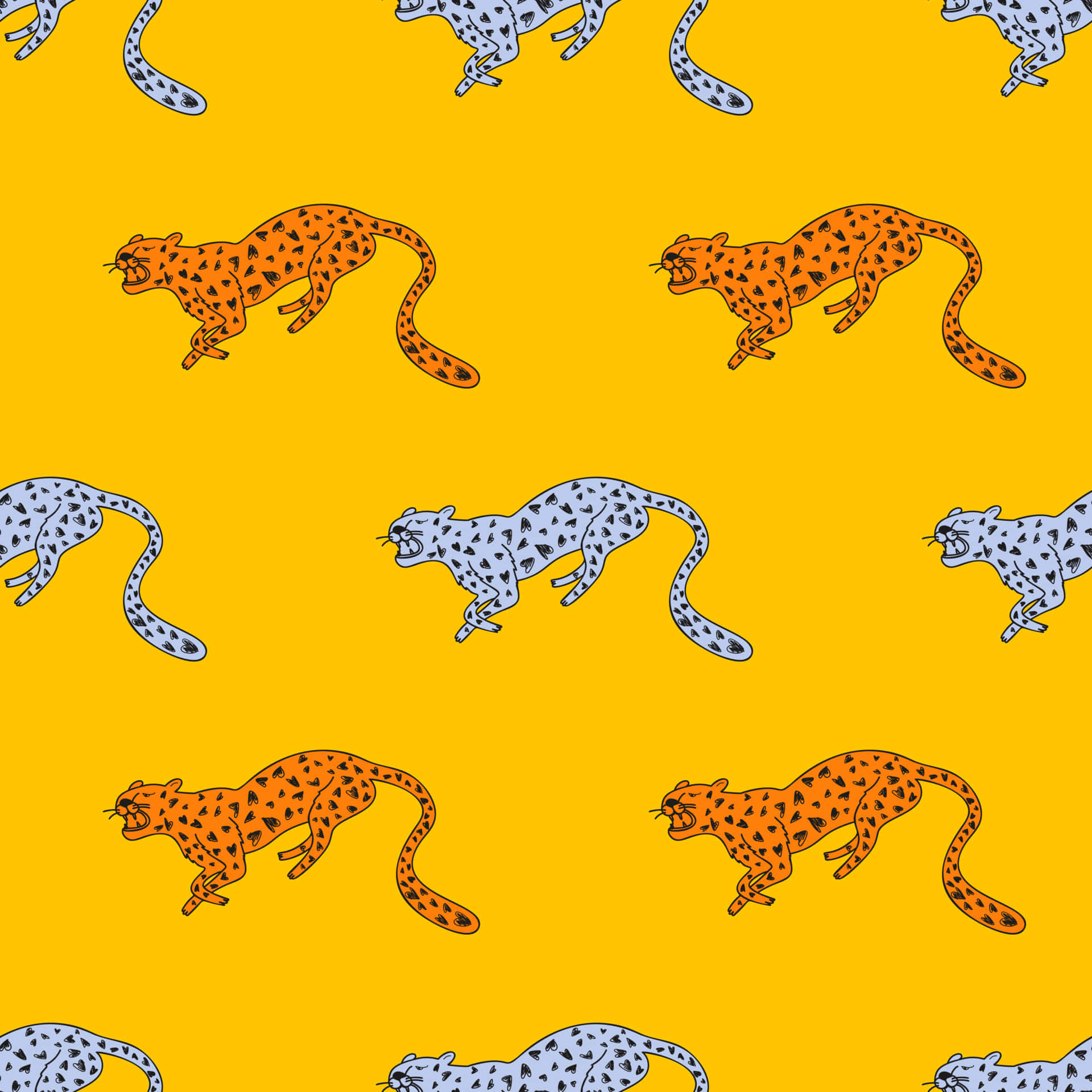 Cheetah Print 桌布 壁紙 — 鮮黃色背景上重複著大膽圖案風格的橙色和藍色豹子插圖。