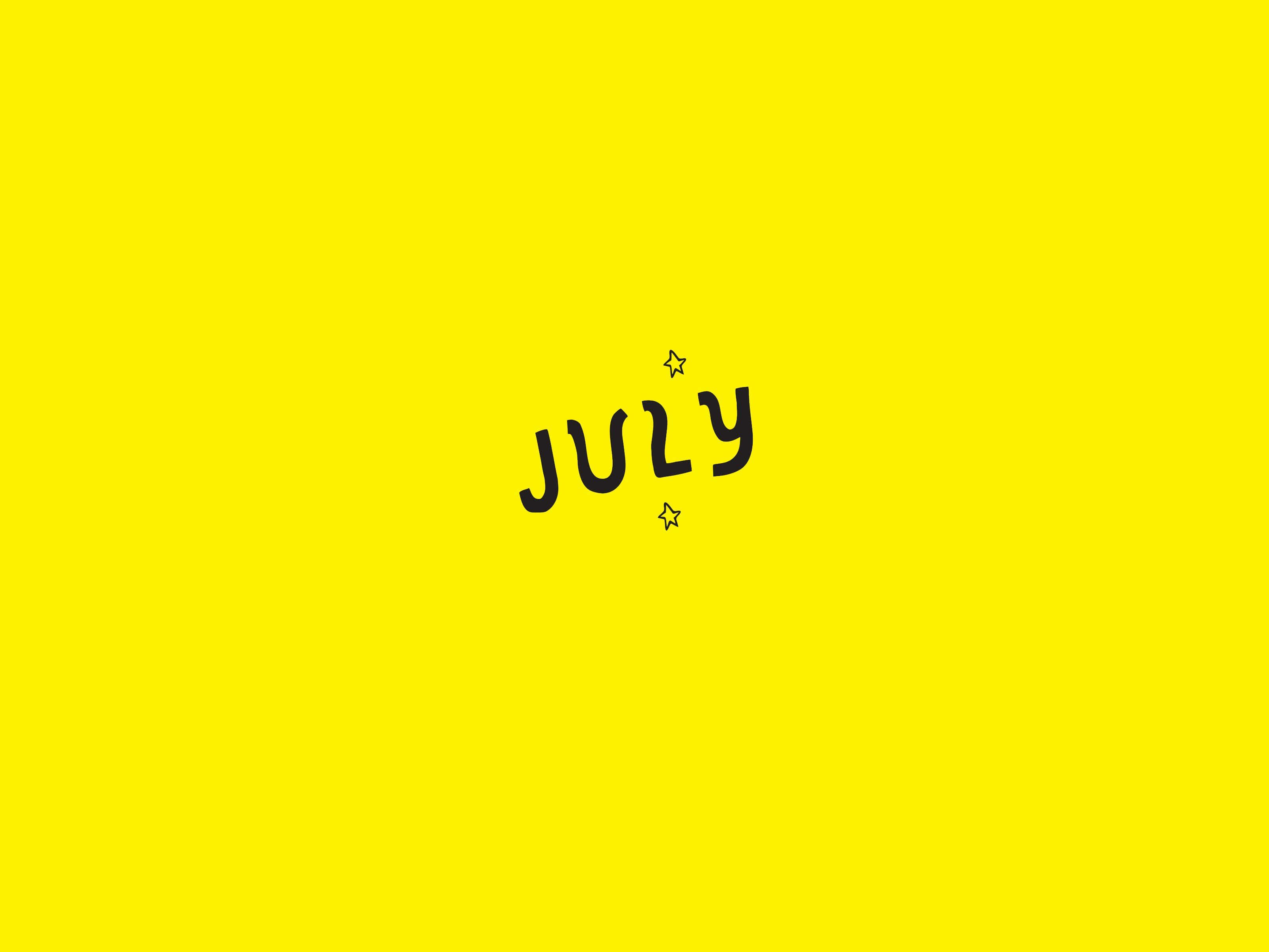 Yellow Aesthetic Desktop 桌布 壁紙 — 鮮黃色背景中央有粗體黑色「七月」文字，綴以細小星星。