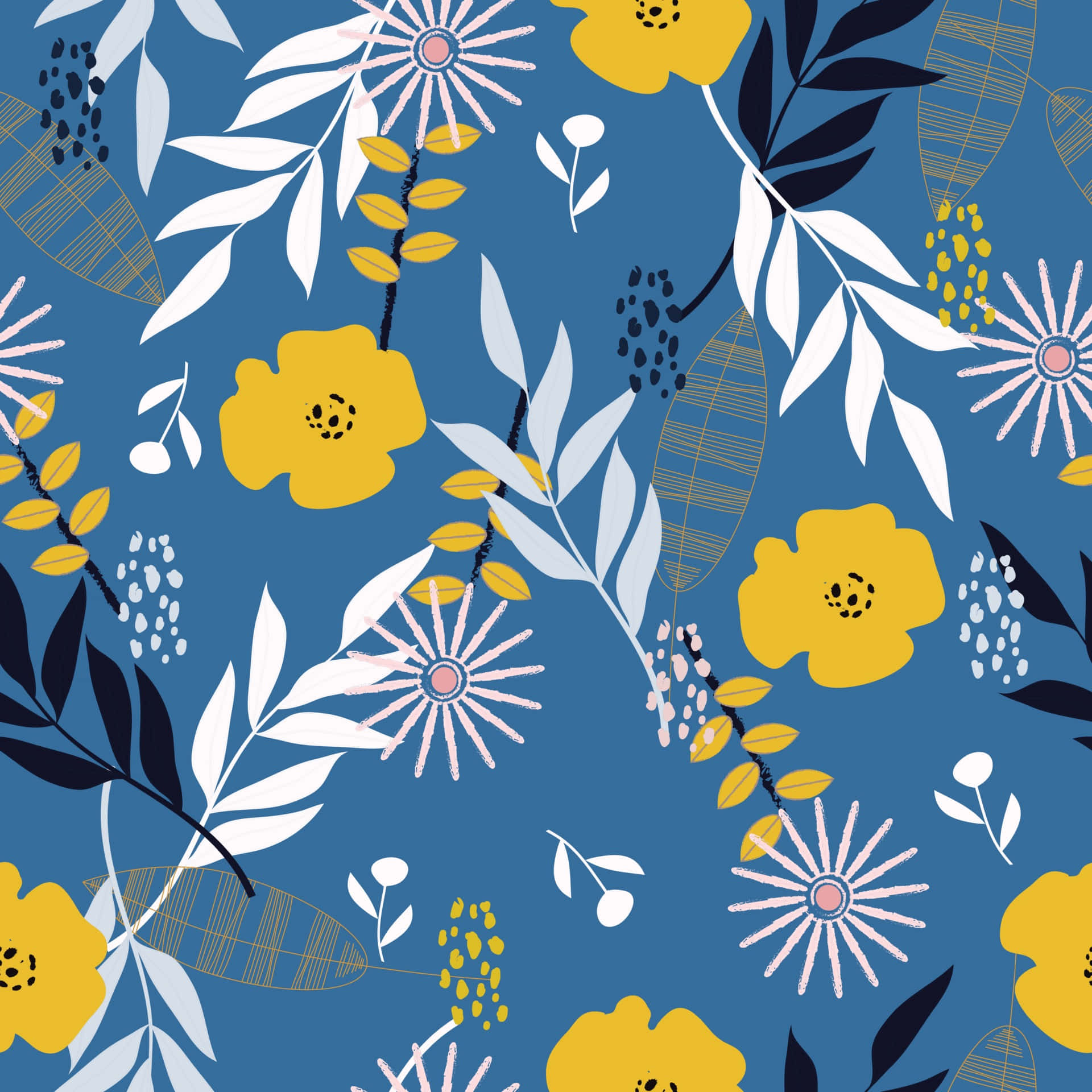 Floral Pattern 桌布 壁紙 — 鮮黃色花朵和白色葉子在深藍色背景上以俏皮的插圖圖案盛開。