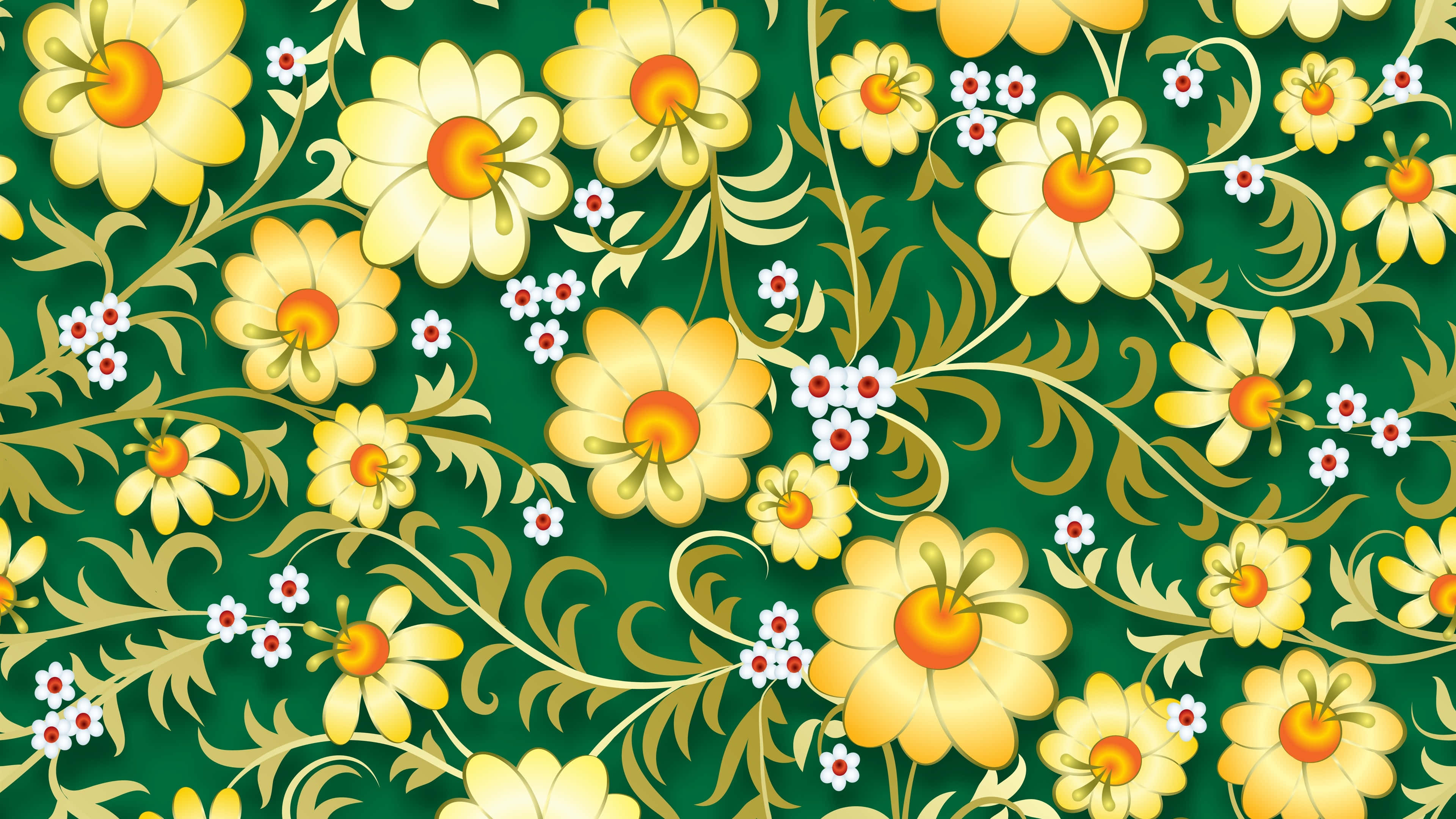 Yellow Flower 桌布 壁紙 — 鮮黃色雛菊帶橙色花心和白色花朵，在深綠色背景上盛開於旋轉的金色藤蔓上。