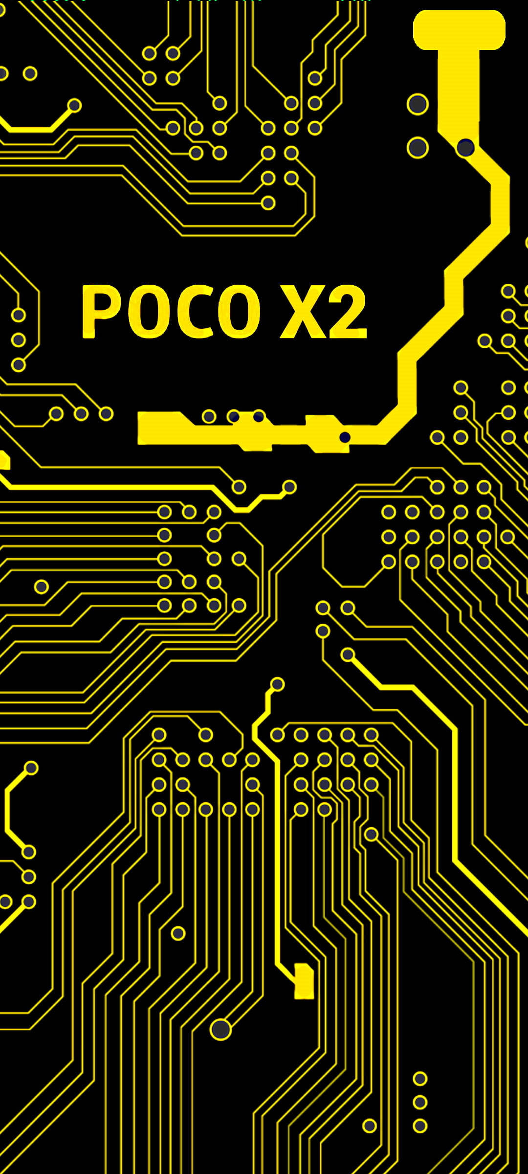 手機 桌布 壁紙 — 鮮黃色電路板圖案在黑色背景上發光，帶有「POCO X2」文字。