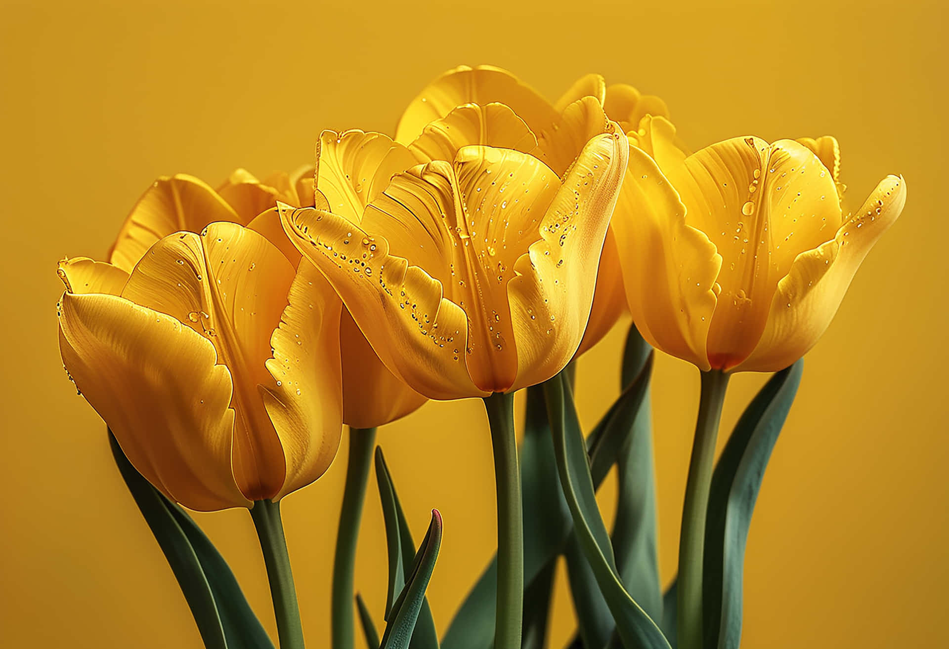 The Elegance of a Bright Yellow Tulip Revived by Raindrops 壁紙 — 鮮黃色鬱金香帶有露珠，在純金色背景前綻放，以特寫鏡頭拍攝。