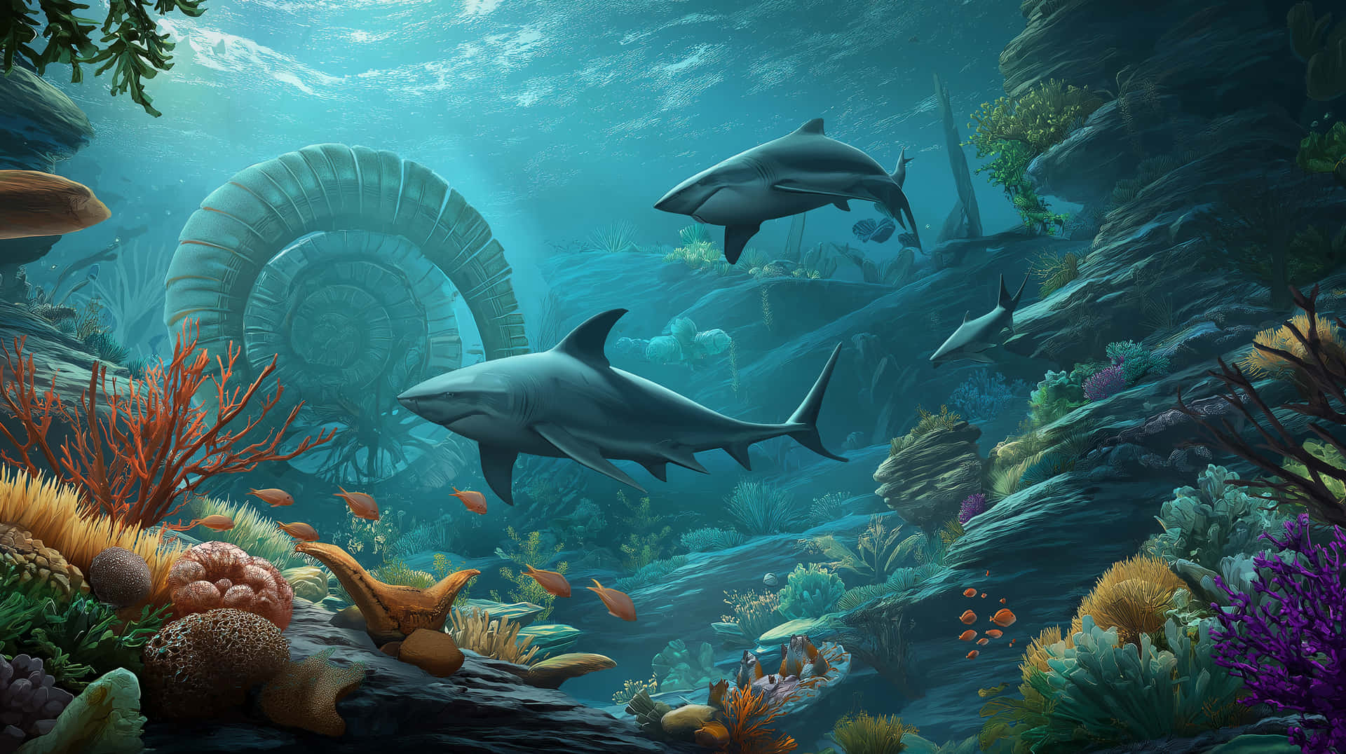 Prehistoric Ocean 壁紙 — 鯊魚在充滿活力的珊瑚礁中滑行，上方有一個巨大的螺旋貝殼和陽光照耀的海水。