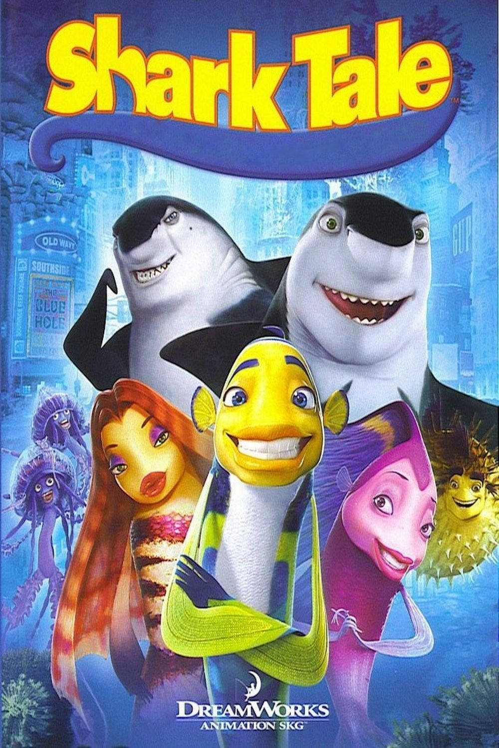 Shark Tale 桌布 壁紙 — 《鯊魚黑幫》充滿活力的動畫電影海報，微笑的鯊魚和色彩繽紛的魚類角色在霓虹燈照亮的水下城市背景下。