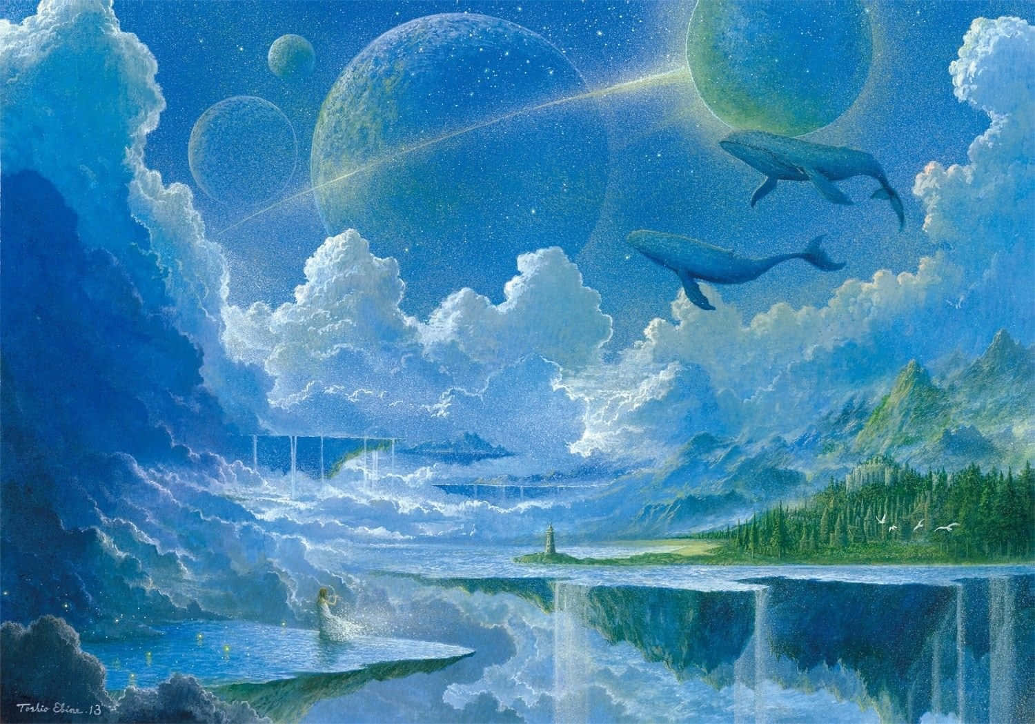 雲朵 桌布 壁紙 — 鯨魚在充滿行星和雲朵的超現實天空中滑翔，下方是反射的湖泊和森林覆蓋的山脈。