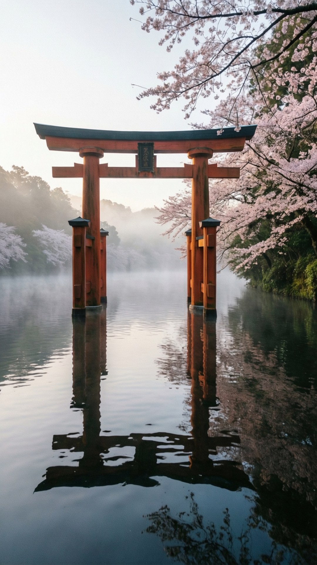 鳥居倒影 壁紙 — 黎明時分，一座寧靜的木製鳥居矗立於霧氣瀰漫的水中，四周盛開著櫻花。