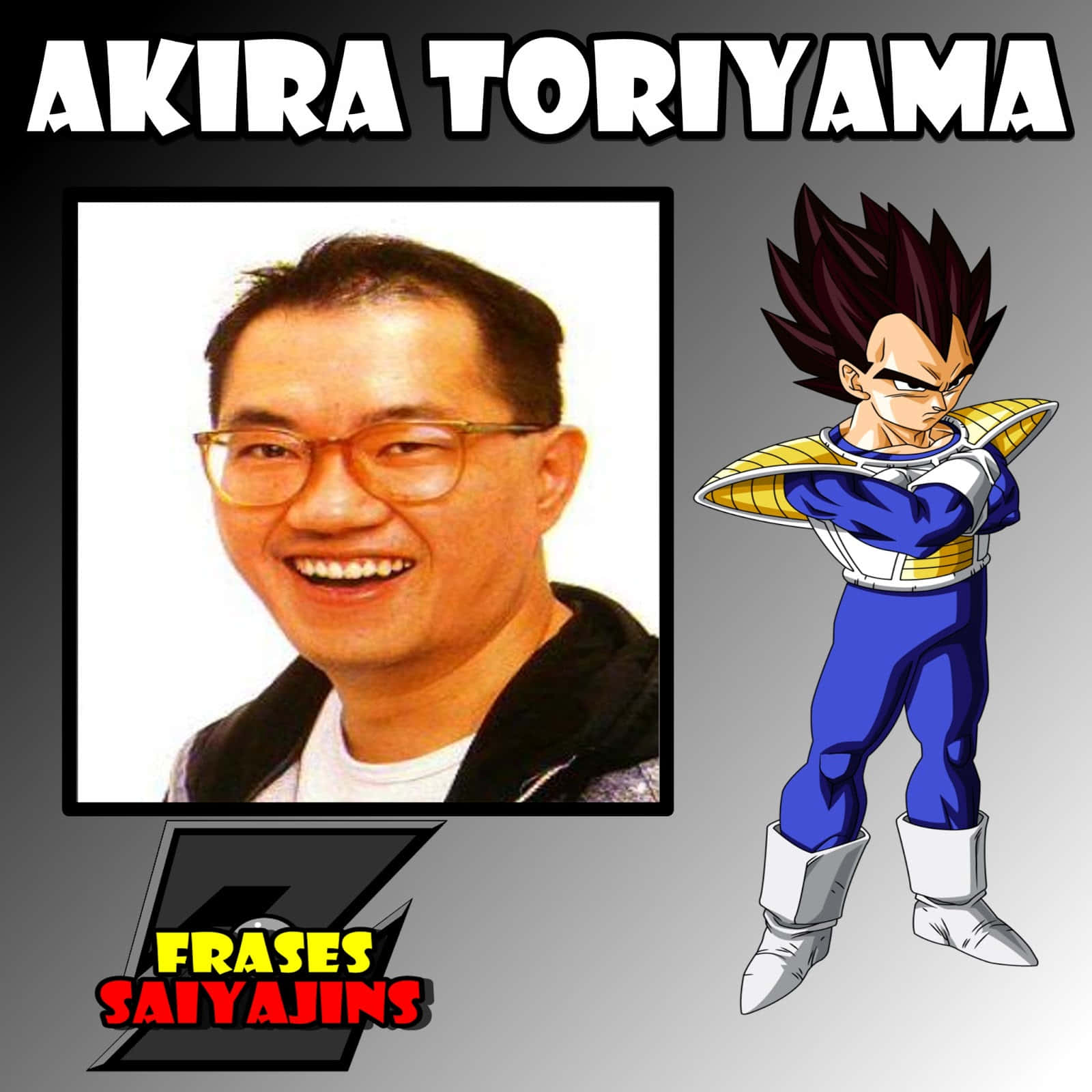 Akira Toriyama 桌布 壁紙 — 鳥山明與其標誌性動漫角色貝吉塔（藍黃盔甲）的合照，面帶微笑。