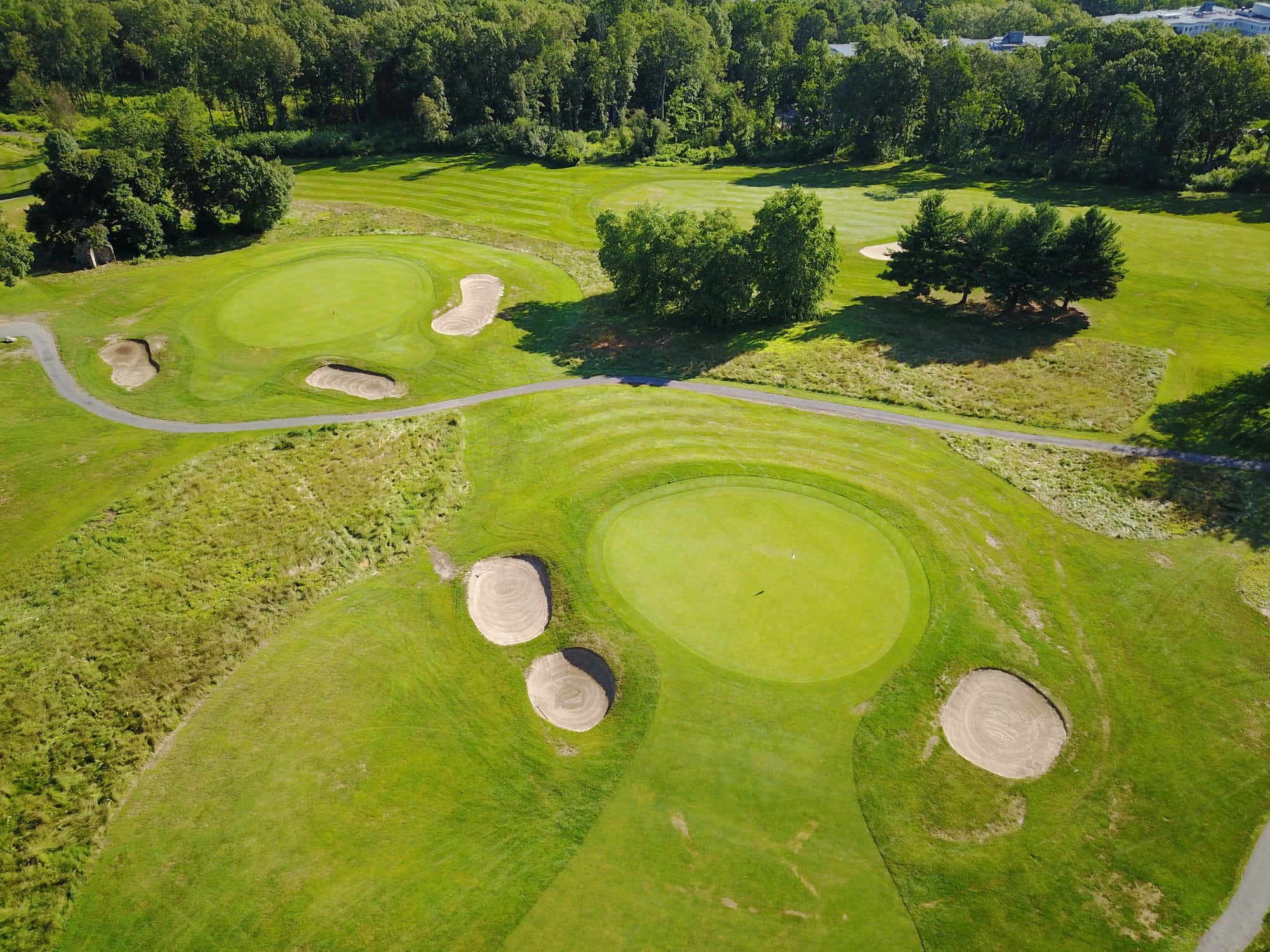 Golf Green 桌布 壁紙 — 鳥瞰圖：翠綠高爾夫球場，沙坑與蜿蜒小徑在明亮陽光下清晰可見。
