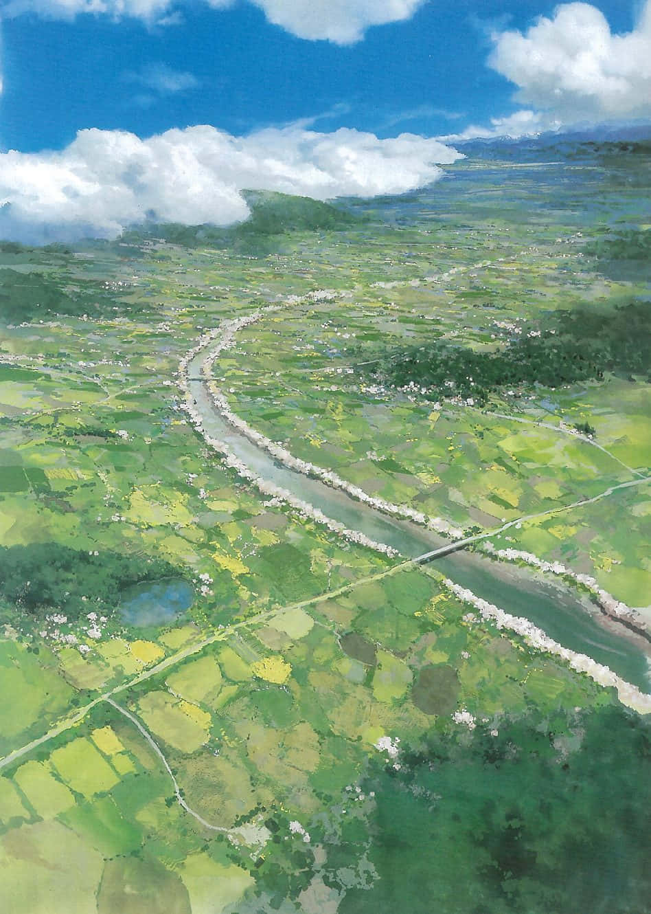 The Wind Rises 桌布 壁紙 — 鳥瞰圖：蜿蜒的河流穿過充滿活力的綠色拼布田野，上方是明亮的藍天和蓬鬆的白雲。