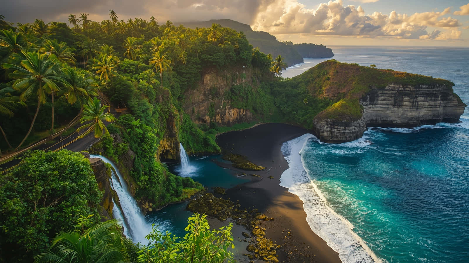 Tropical Black Sand Beach and Waterfall Landscape Wallpaper 壁紙 — 鳥瞰圖：鬱鬱蔥蔥的綠色懸崖，瀑布傾瀉入黑沙灘，旁邊是碧綠的海浪。