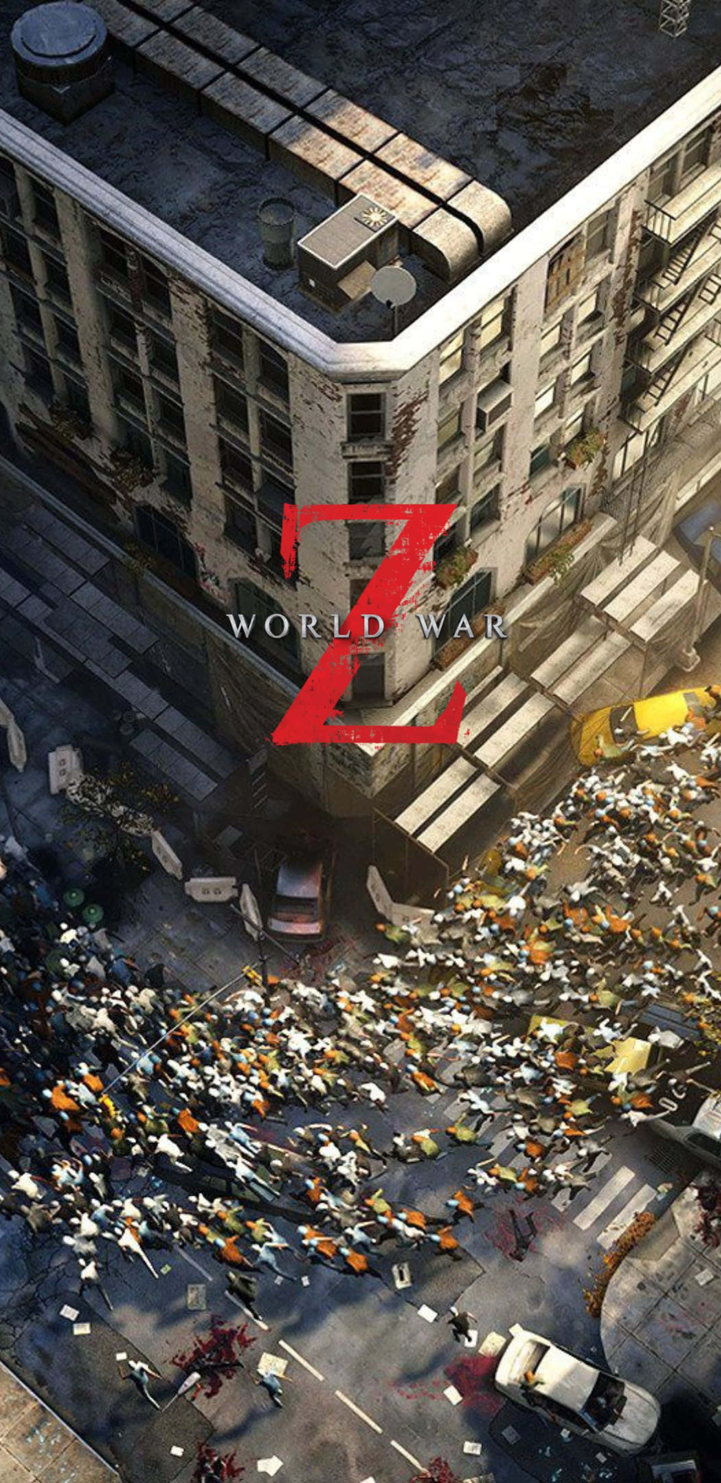 Pixel 3xl World War Z 桌布 壁紙 — 鳥瞰圖顯示一個殭屍末日場景，紅色Z標誌懸掛在滿是屍體和廢棄汽車的城市街道上方。