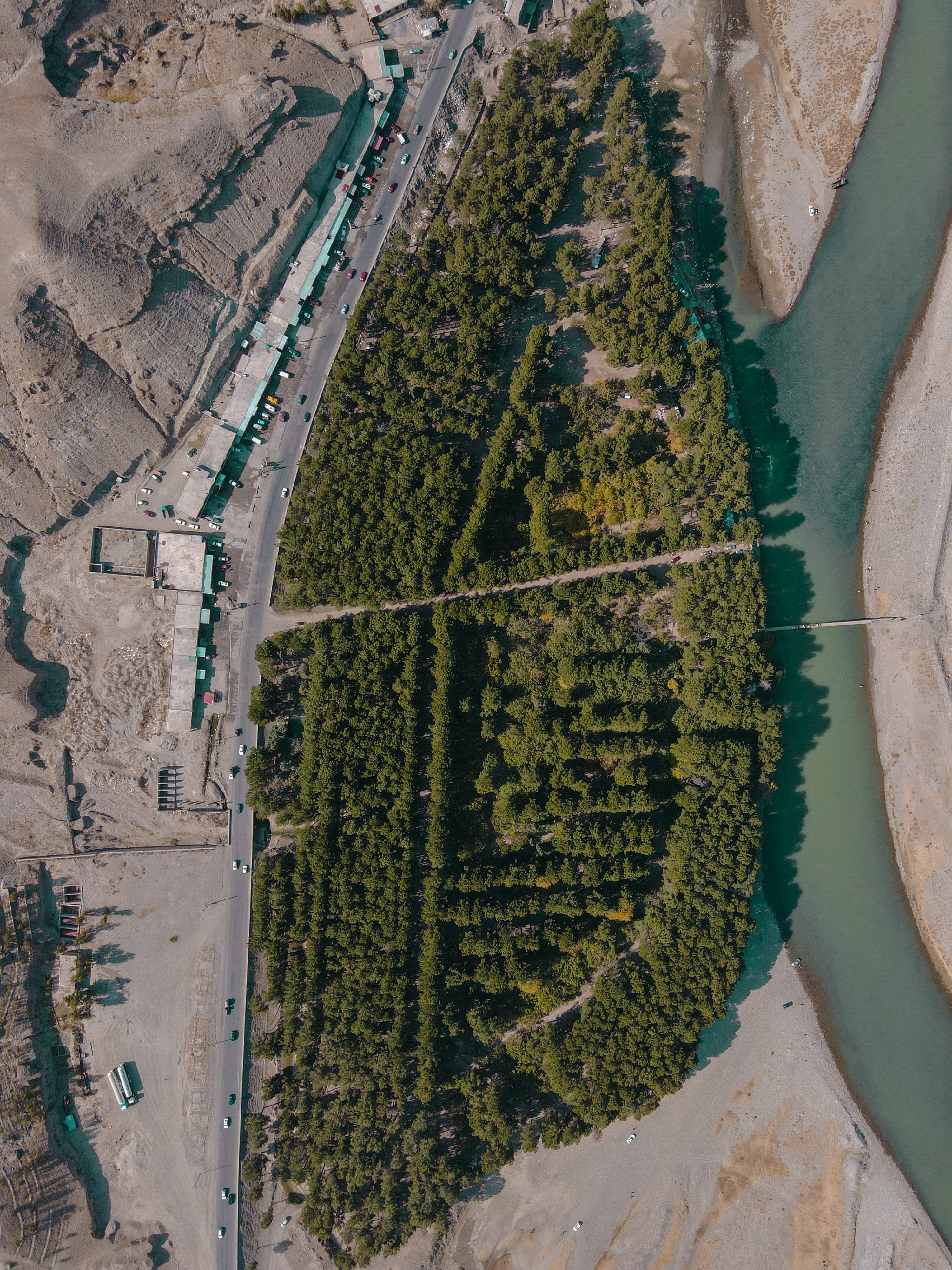 Kabul 桌布 壁紙 — 鳥瞰圖顯示一條蜿蜒的河流，兩旁是茂密的綠樹，還有一條有車輛的道路穿越乾旱地形。