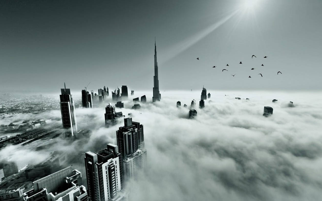 Arab 桌布 壁紙 — 鳥類在頭頂飛翔，從雲層中浮現的未來城市單色航拍圖。