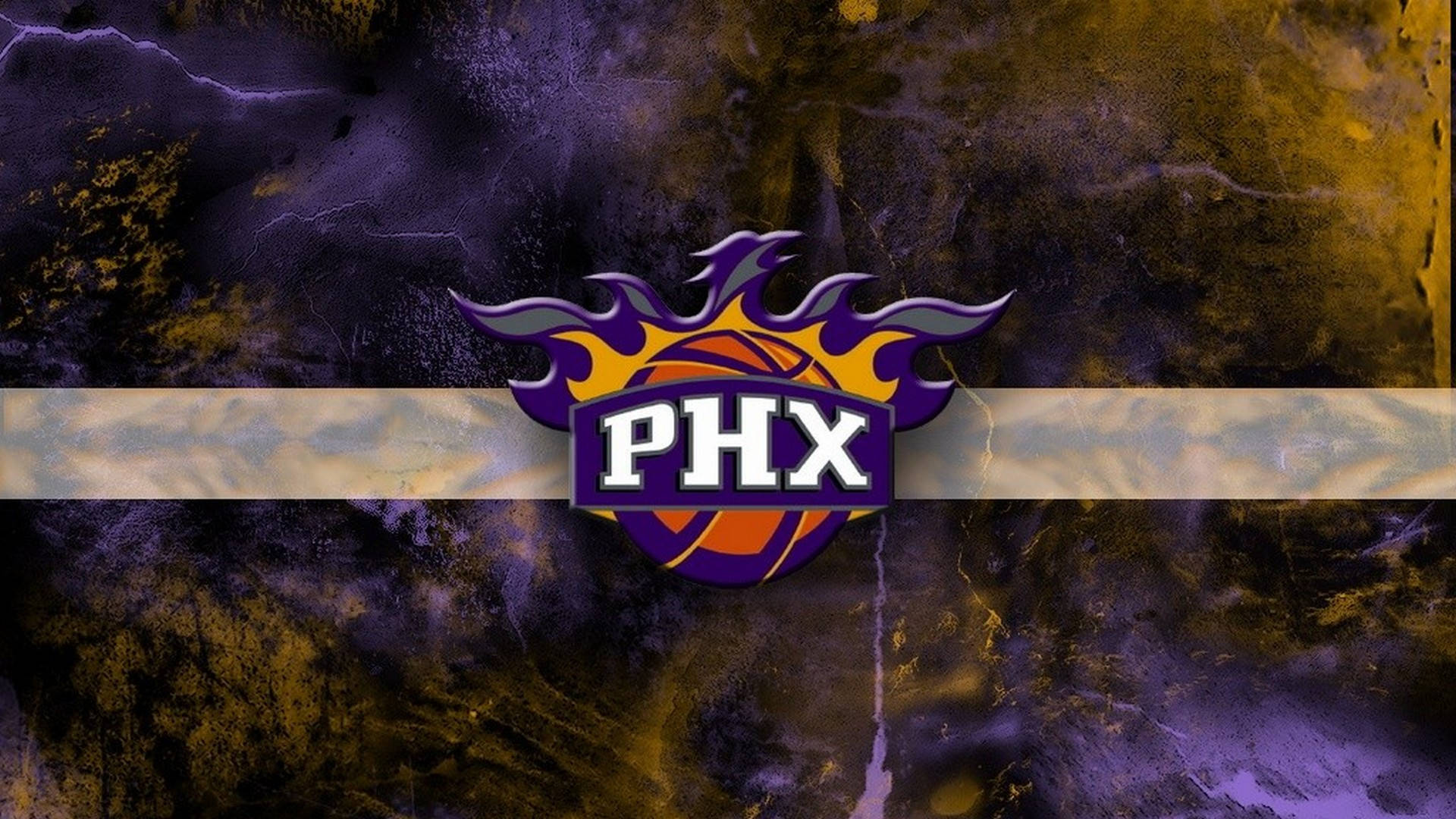 Suns 桌布 壁紙 — 鳳凰城太陽隊標誌，中央帶有火熱的紫色和橙色火焰，背景為帶紋理的深紫色和金色。