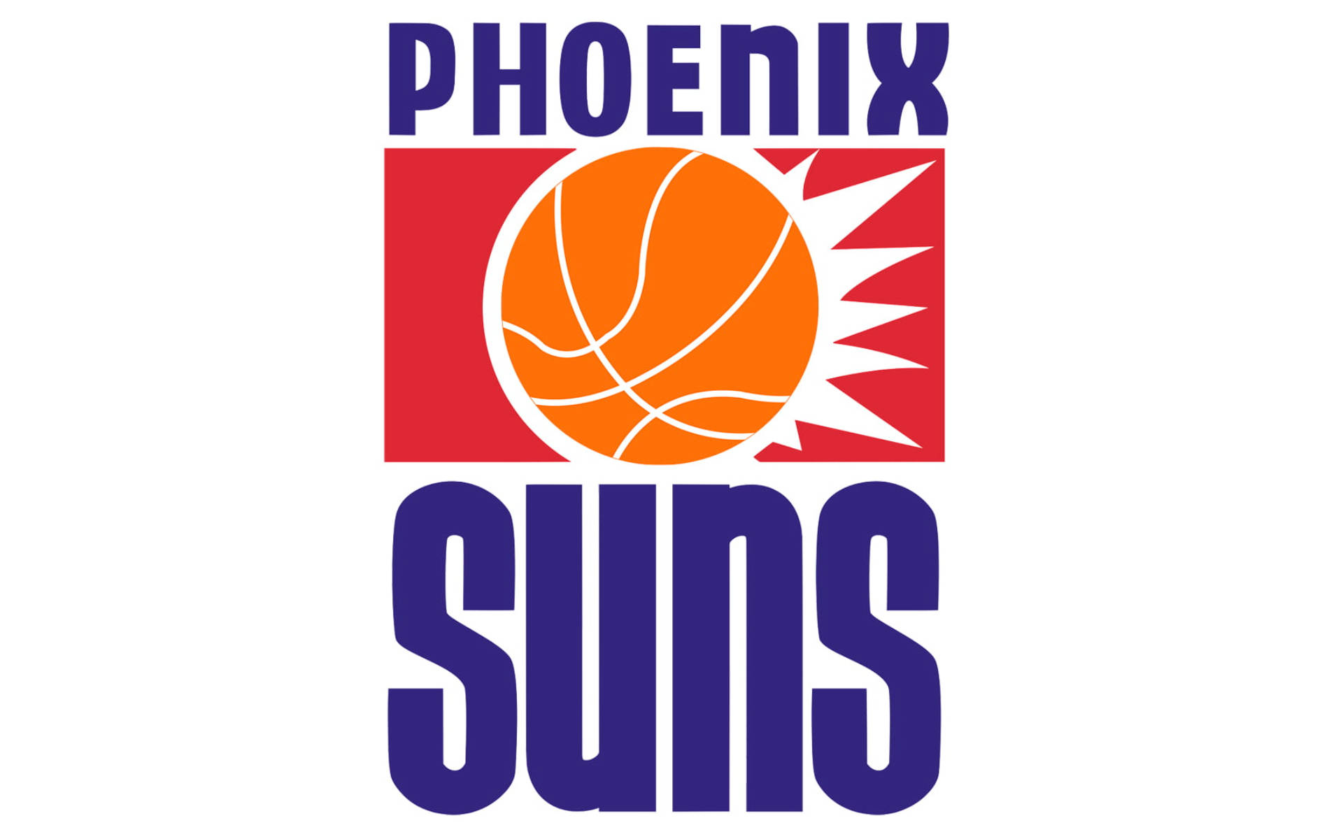 Suns 桌布 壁紙 — 鳳凰城太陽隊標誌，橙色籃球帶白色線條，紅色正方形上有白色太陽光芒和紫色文字。