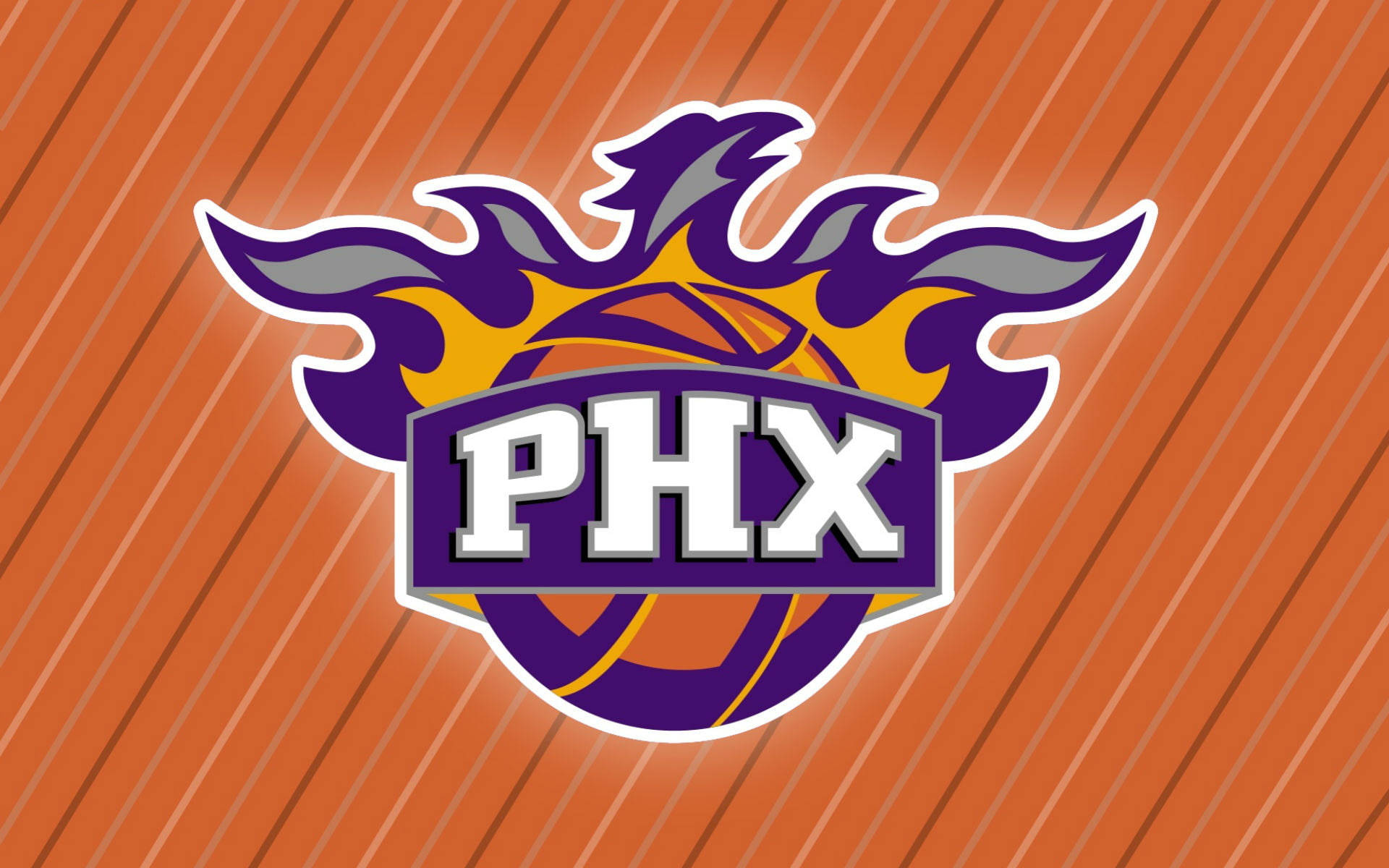 Suns 桌布 壁紙 — 鳳凰城太陽隊標誌，紫色和橙色火焰在籃球上方，背景為橙色斜紋。