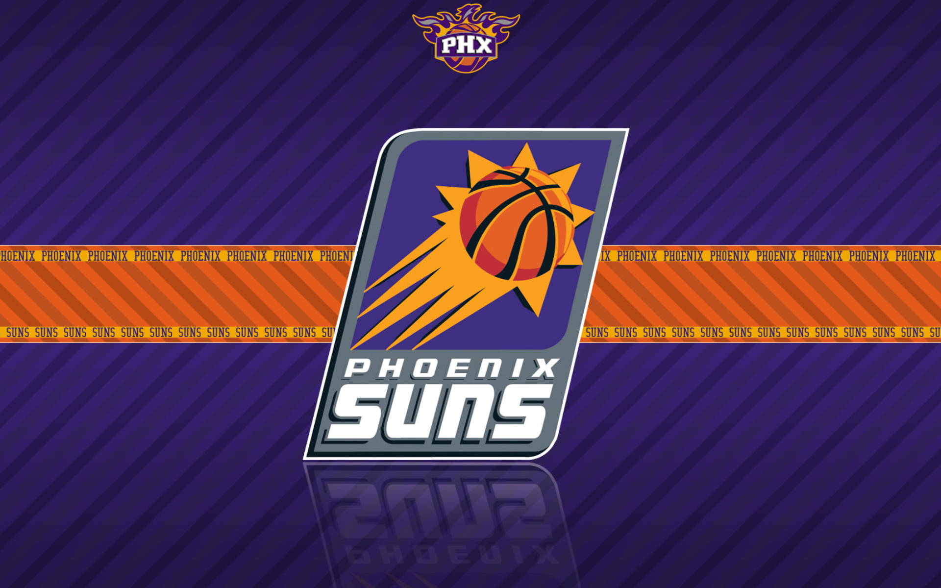 Suns 桌布 壁紙 — 鳳凰城太陽隊標誌居中，背景為紫色斜紋，並帶有橙色重複文字條帶。
