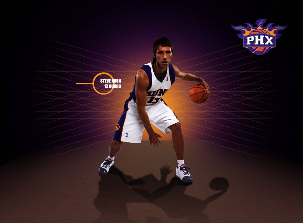 NBA 桌布 壁紙 — 鳳凰城太陽隊球員 Steve Nash 身穿球衣，在深紫色背景上帶有發光橙色線條的環境中運球。