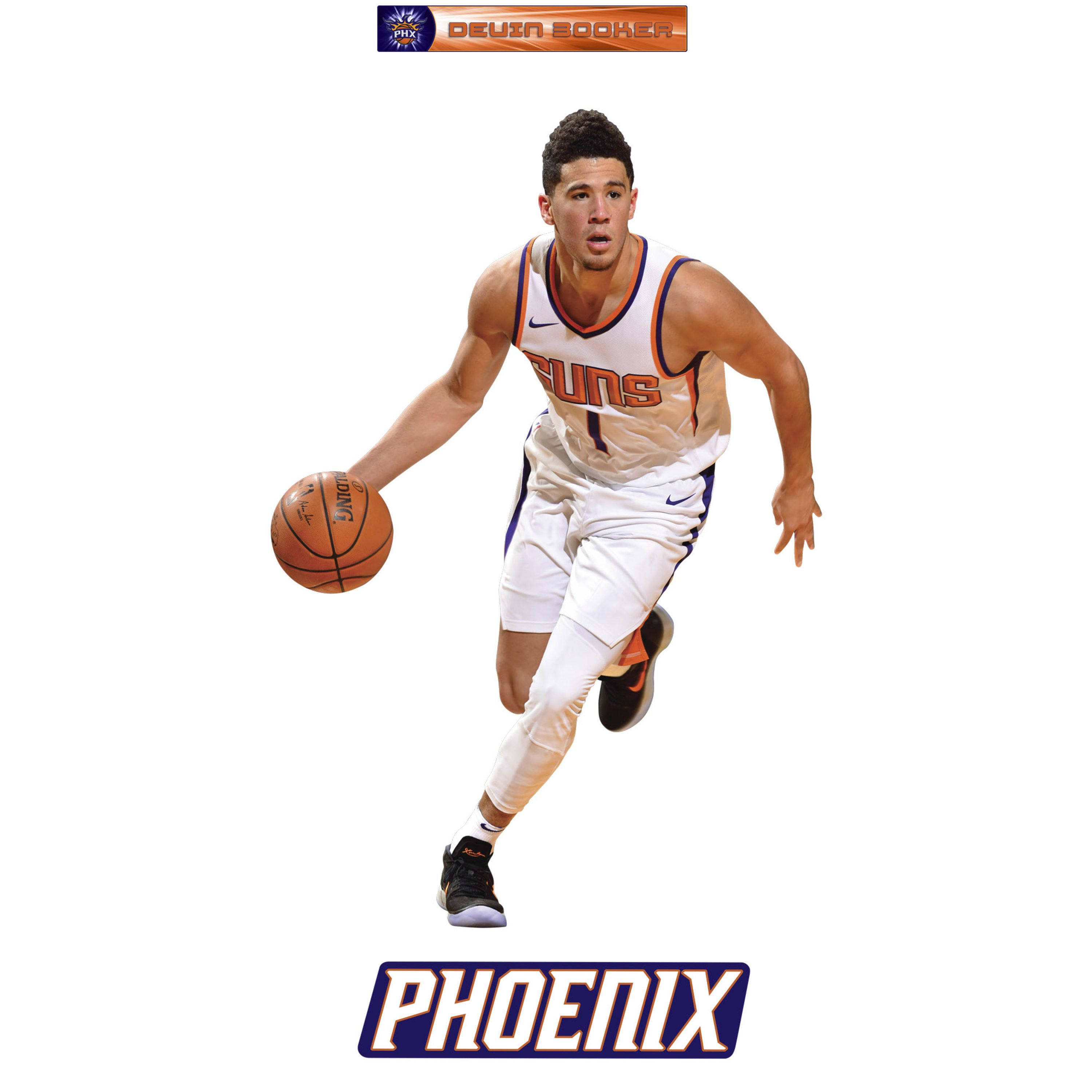 Devin Booker 桌布 壁紙 — 鳳凰城太陽隊球員戴文布克身穿球衣，在白色背景前運球中步。