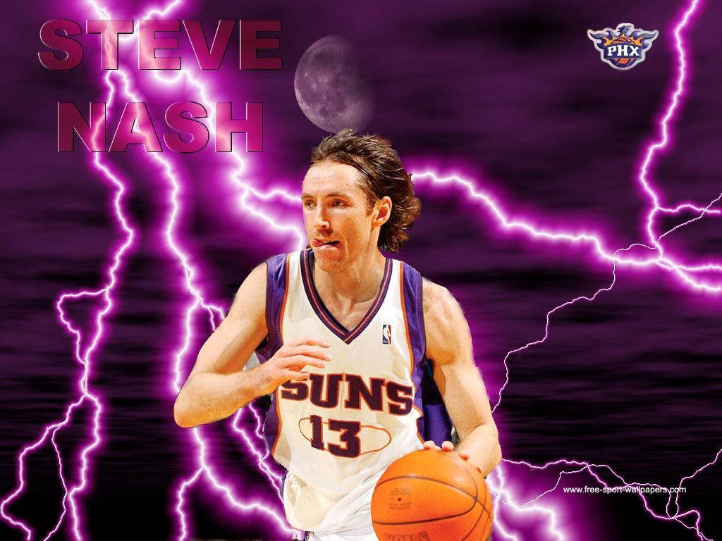 NBA 桌布 壁紙 — 鳳凰城太陽隊球衣的籃球運動員Steve Nash在紫色閃電和月亮下運球。