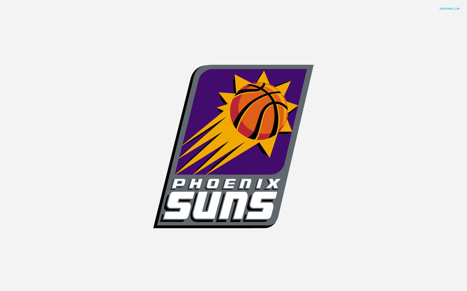 Suns 桌布 壁紙 — 鳳凰城太陽隊籃球標誌，採用橙色籃球和紫色背景的太陽爆發設計。