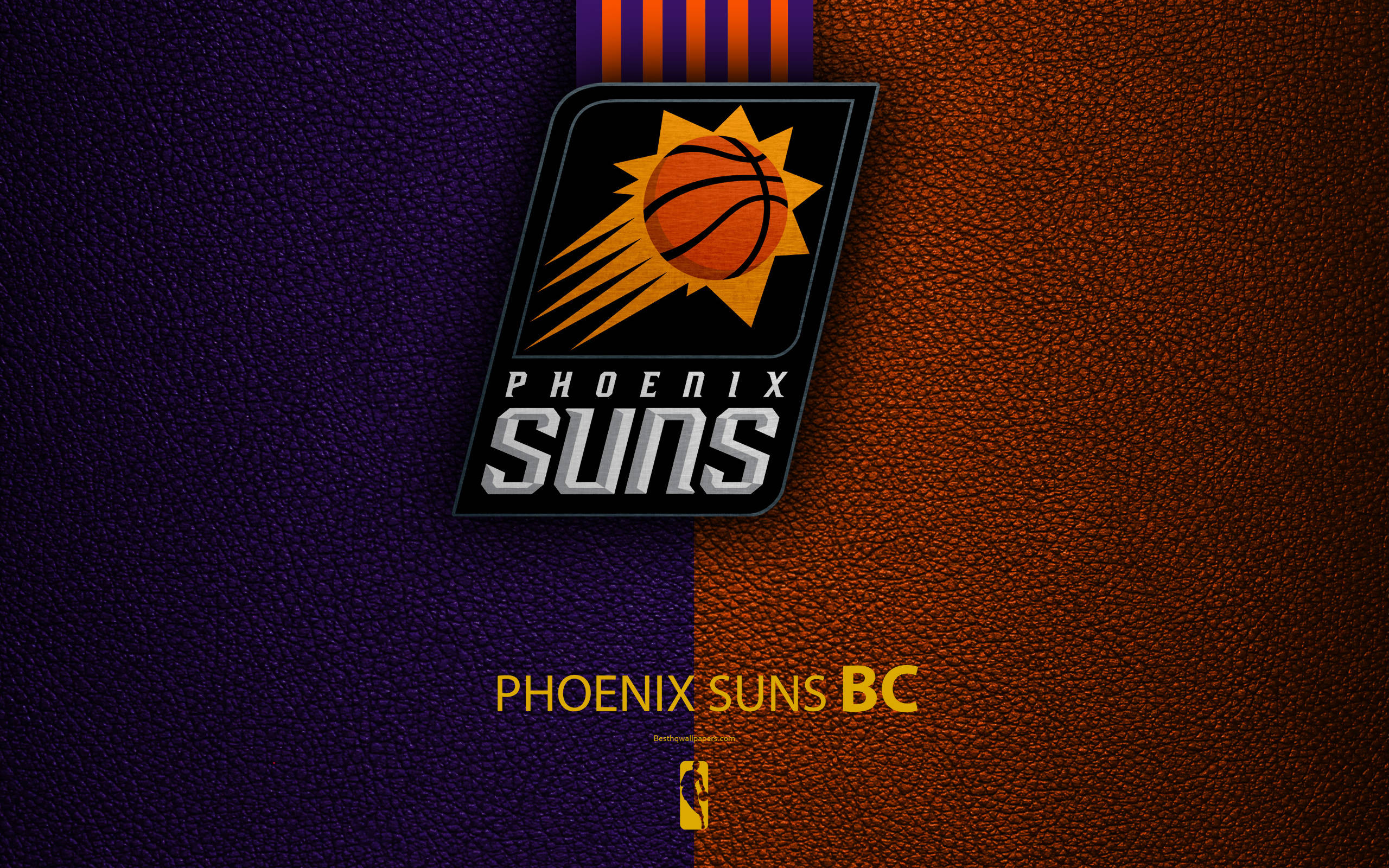 Suns 桌布 壁紙 — 鳳凰城太陽隊籃球標誌居中於分裂的紫色和橙色皮革紋理背景上。