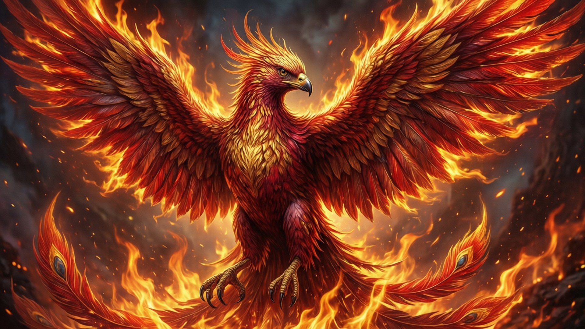 鳳凰重生 壁紙 — 一隻雄偉的鳳凰，擁有火焰般的翅膀和發光的羽毛，站在旋轉的火焰中，背景是黑暗煙霧繚繞的天空。